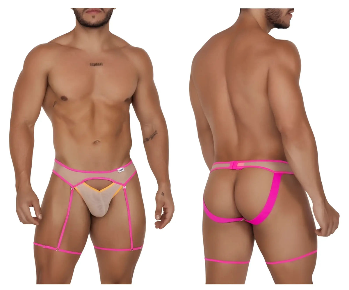 CandyMan 99687 garter jock two piece set in beige and neon featuring bright pink and nude lingerie briefs with sheer mesh panels and adjustable straps