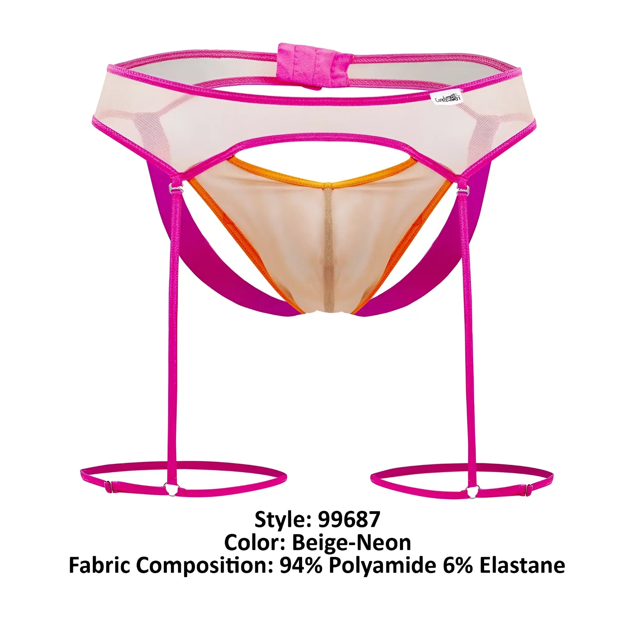 CandyMan 99687 garter jock two piece set featuring beige neon pink mesh garter belt with orange trim