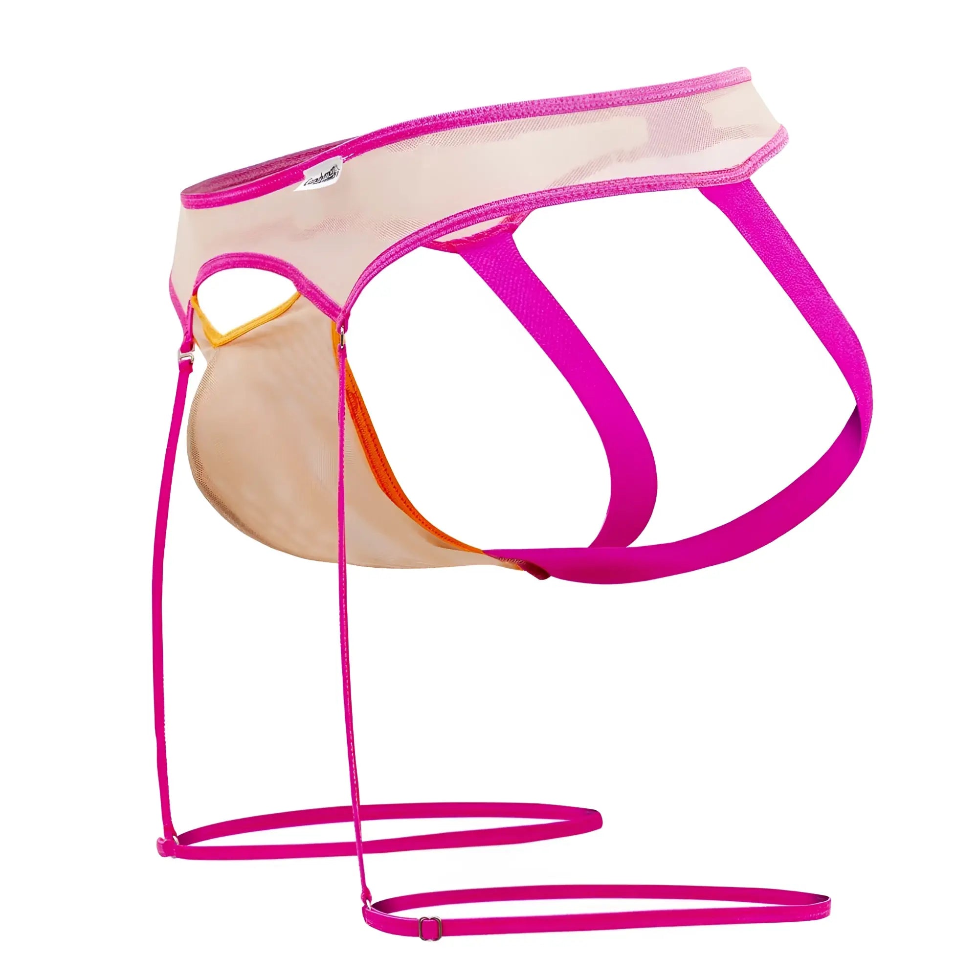 CandyMan 99687 garter jock two piece set in beige neon features vibrant fuchsia mesh brief with sheer beige panel and waistband