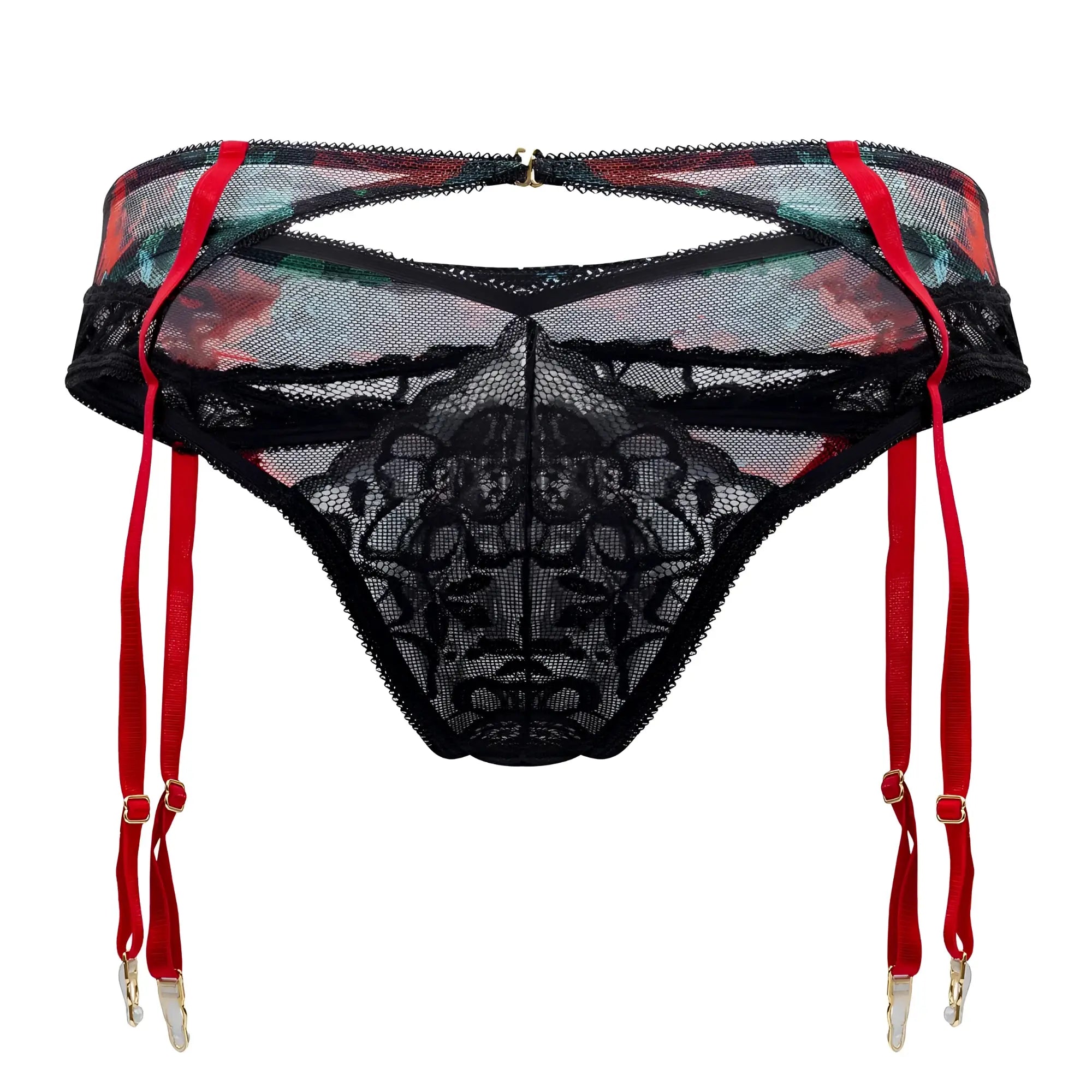 Black lace garter belt with red straps and floral mesh panels from candyman 99688x two piece set black color