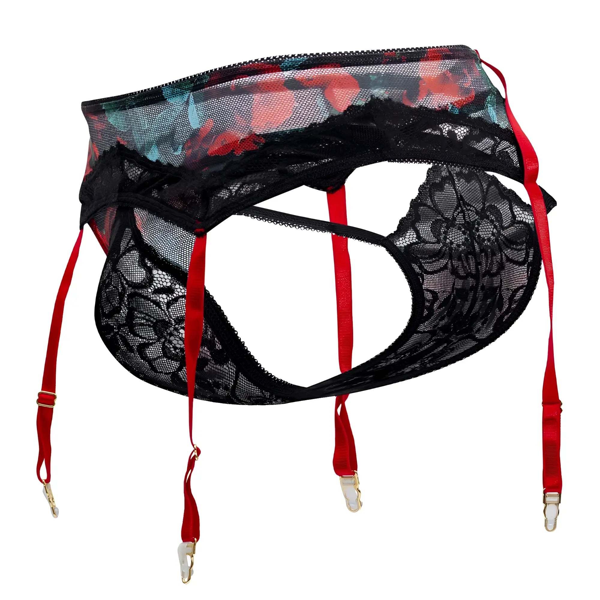 CandyMan 99688X black lace garter thongs two piece set with red suspenders and floral mesh panel