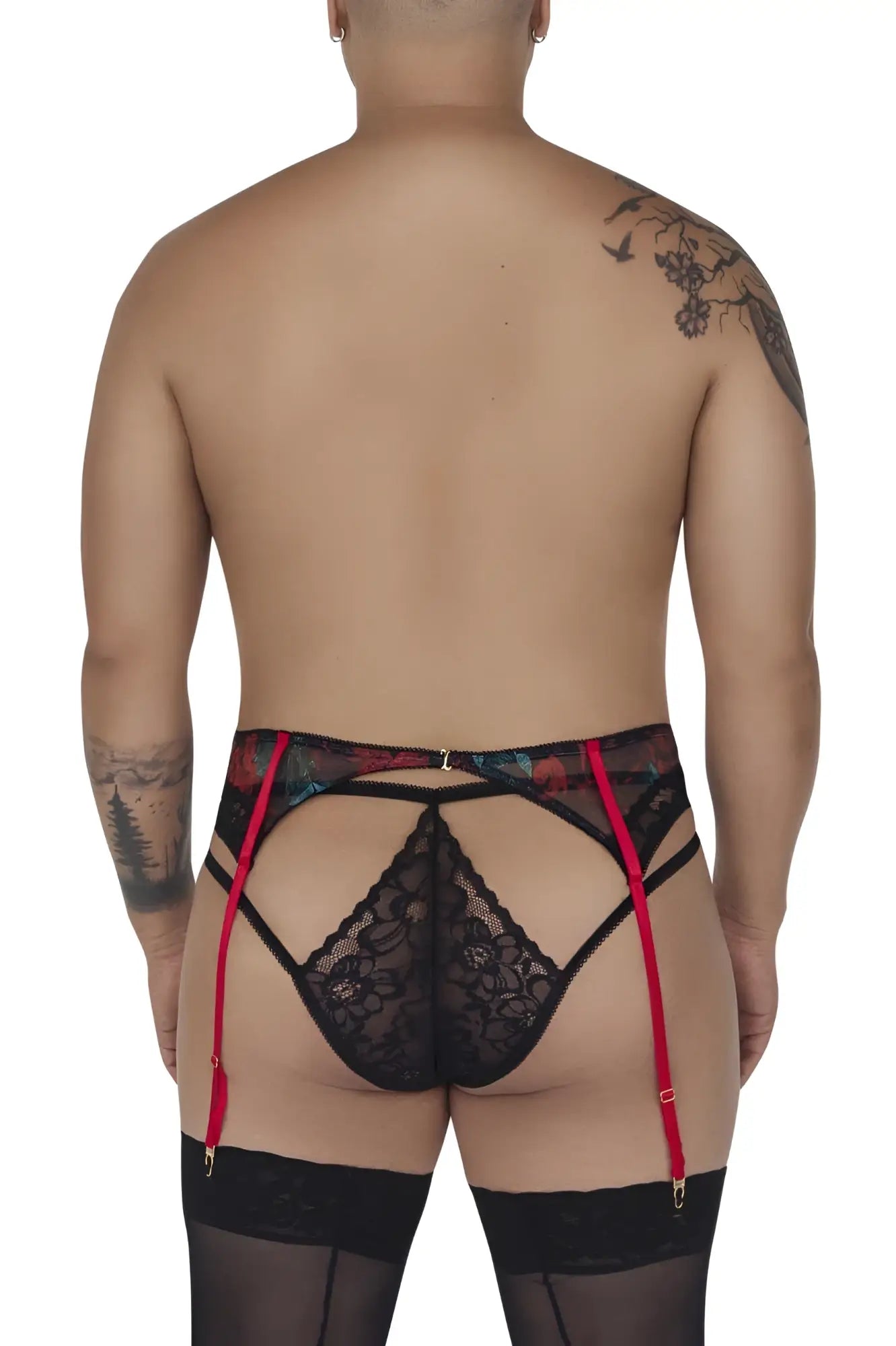 Black lace CandyMan 99688X garter thongs with red suspenders and floral patterned trim in a two piece set