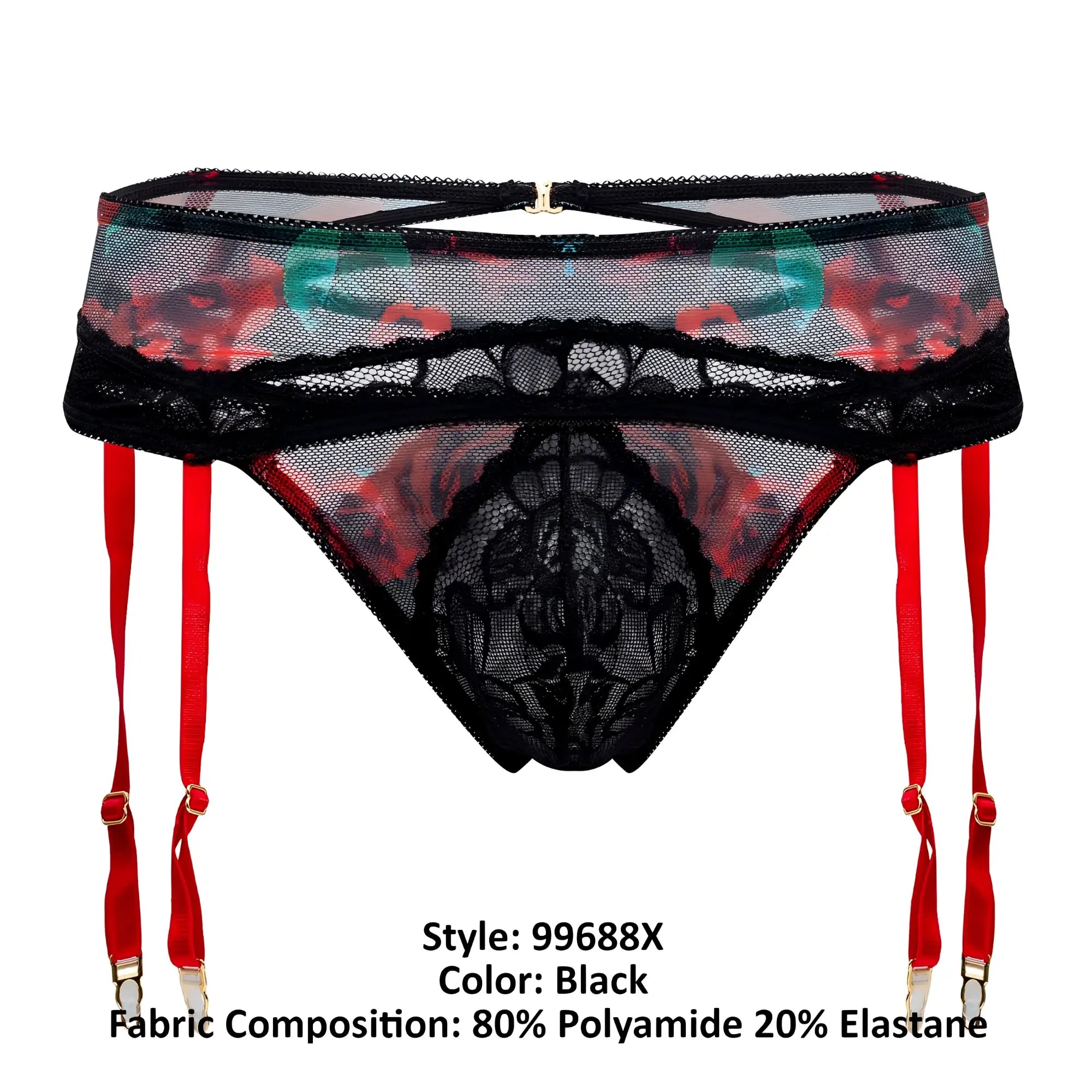 Black lace garter belt with red suspenders and floral mesh pattern from candyman 99688x two piece set