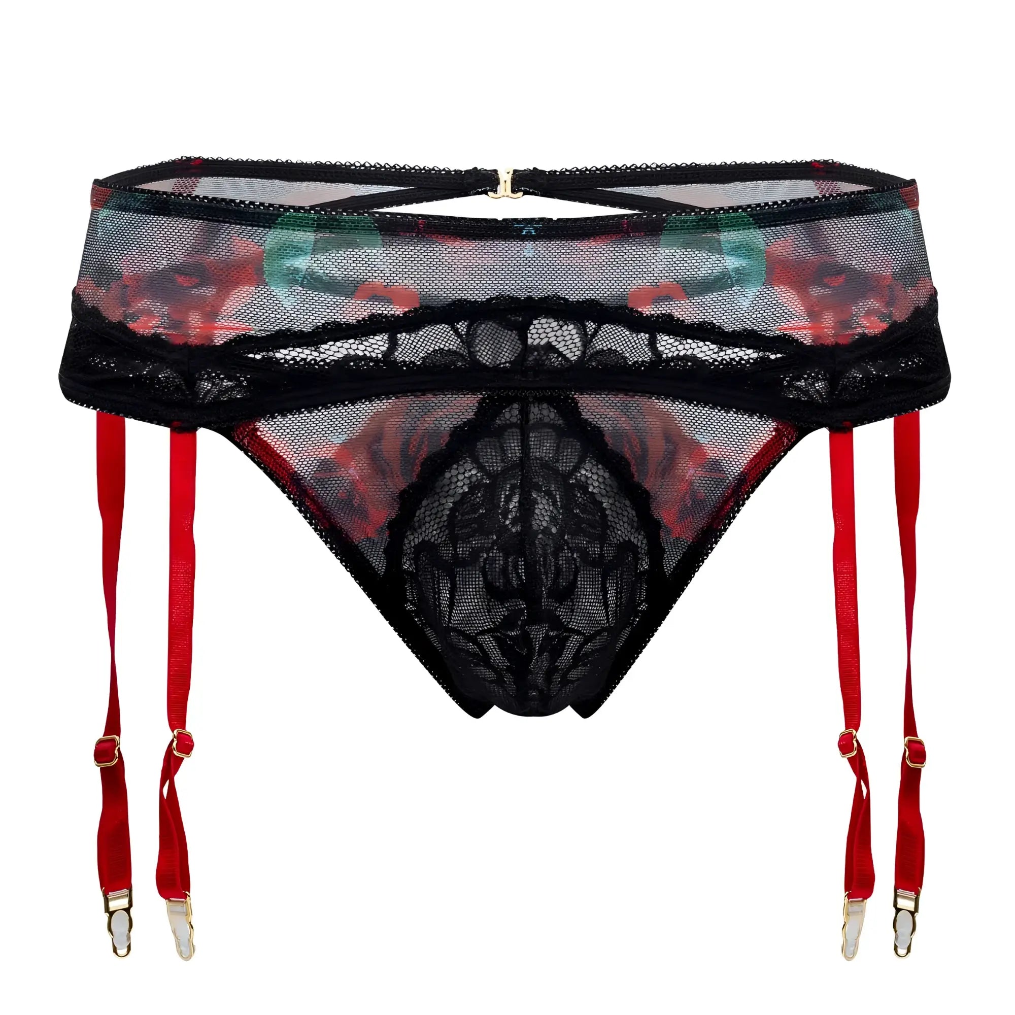CandyMan 99688X black lace garter belt with red suspenders and floral mesh detailing in two piece thong set