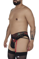 Black lace candy man 99688x men’s garter belt with red suspenders and floral pattern in two piece set