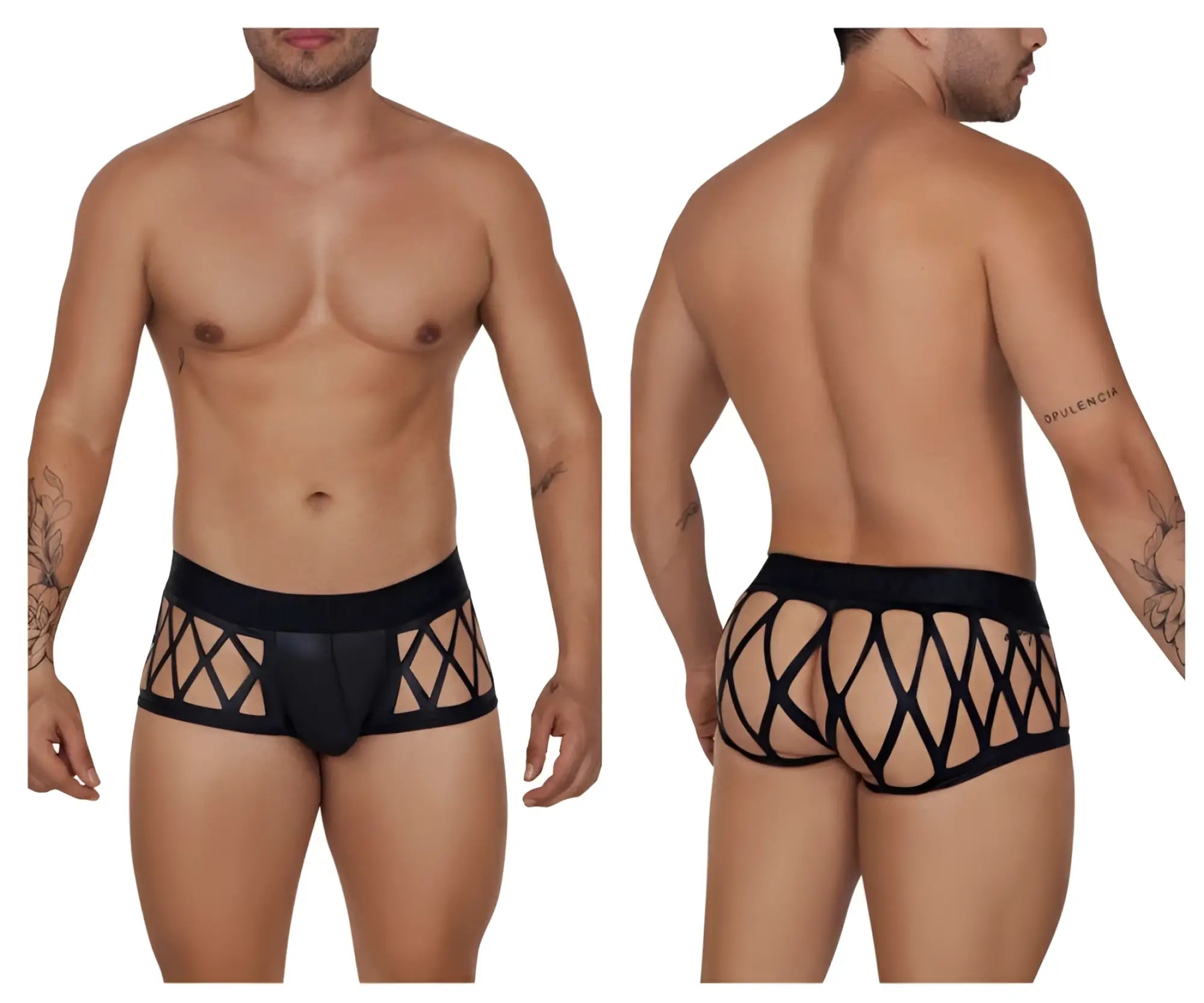 Black lace-trimmed CandyMan 99691 cage trunks in black with diamond-patterned mesh design for men