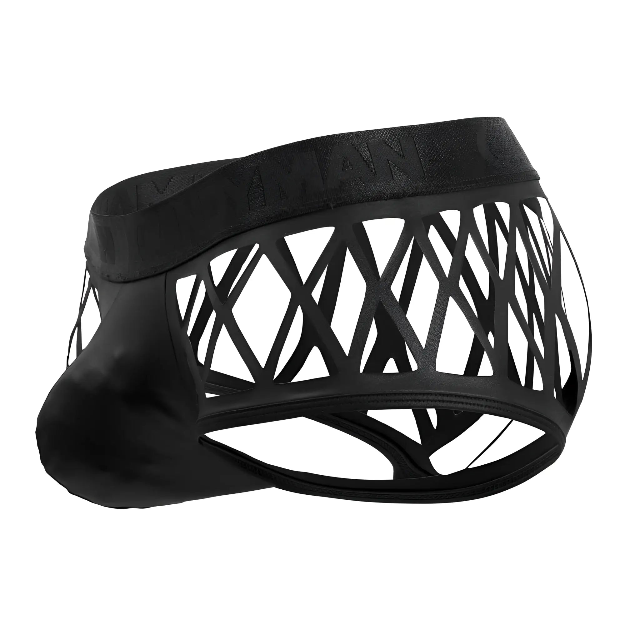 Candyman 99691 cage trunks black men’s briefs with black leather trim and geometric lattice design