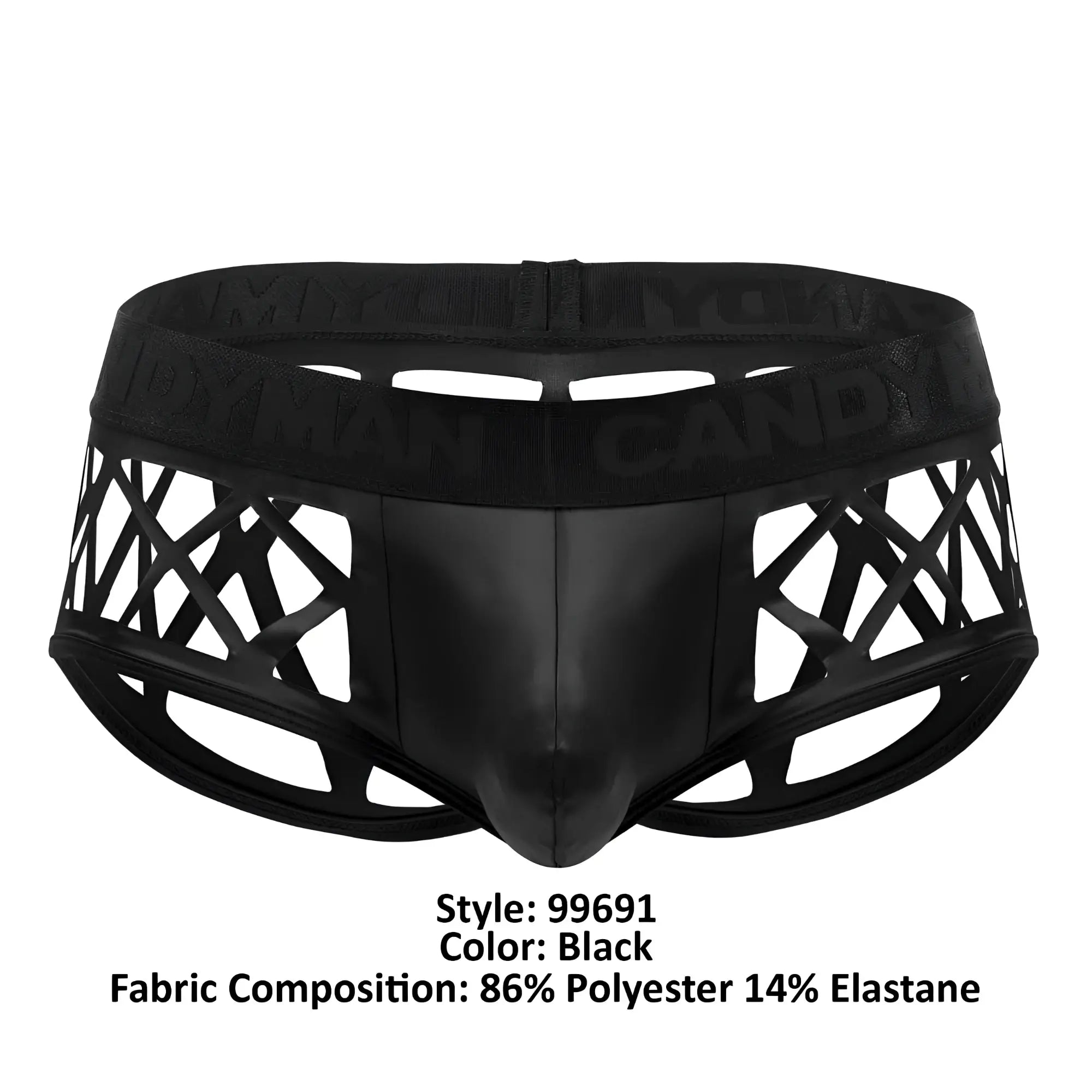 CandyMan 99691 cage trunks black glossy men’s briefs with geometric cutout design for stylish comfort