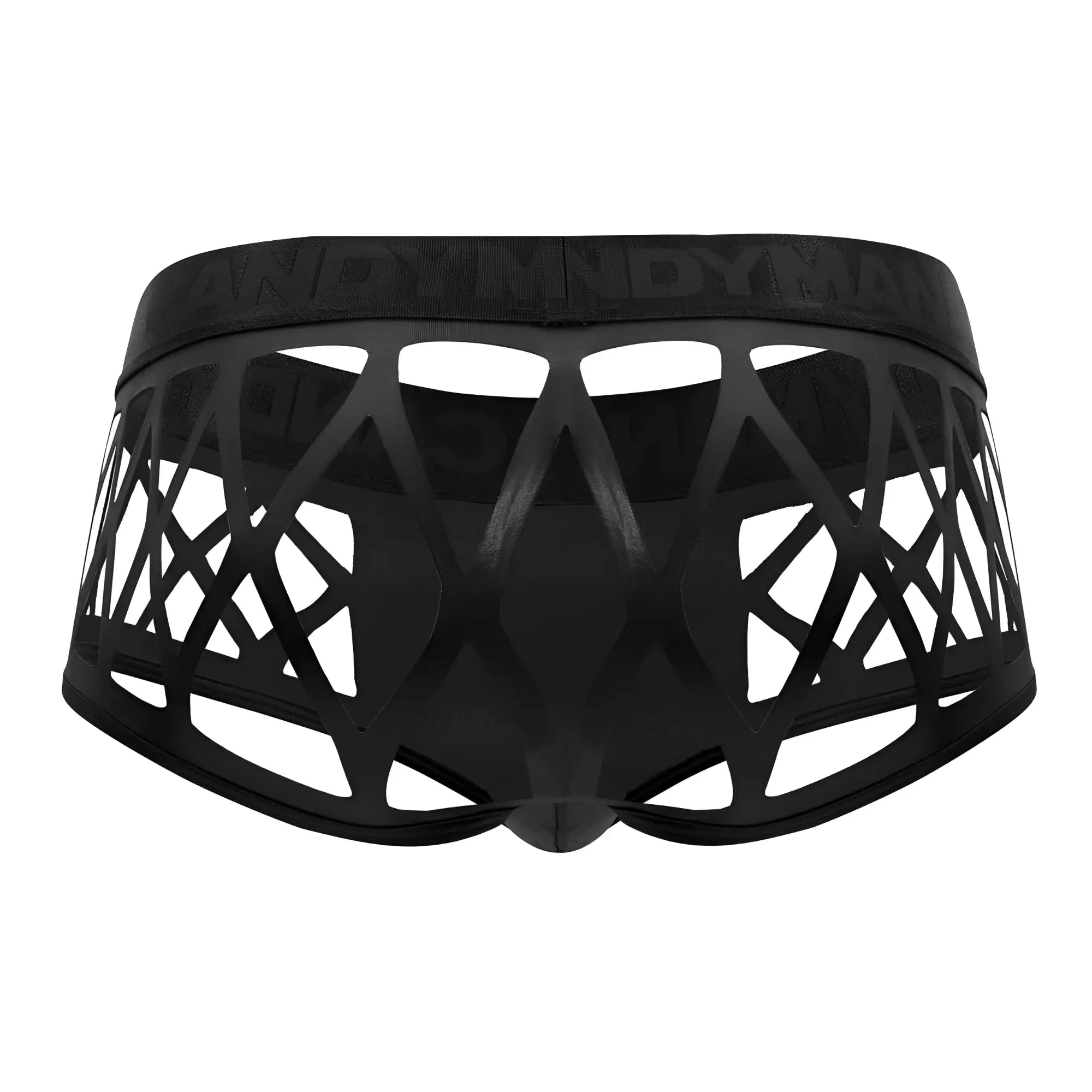 Black men’s underwear candyMan 99691 cage trunks in black with geometric lattice design and dynam embossed waistband