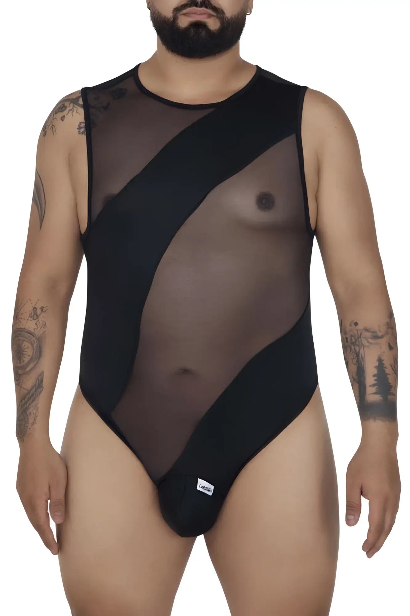 Black sheer mesh bodysuit with opaque panels and round neckline CandyMan 99699X mesh bodysuit color black