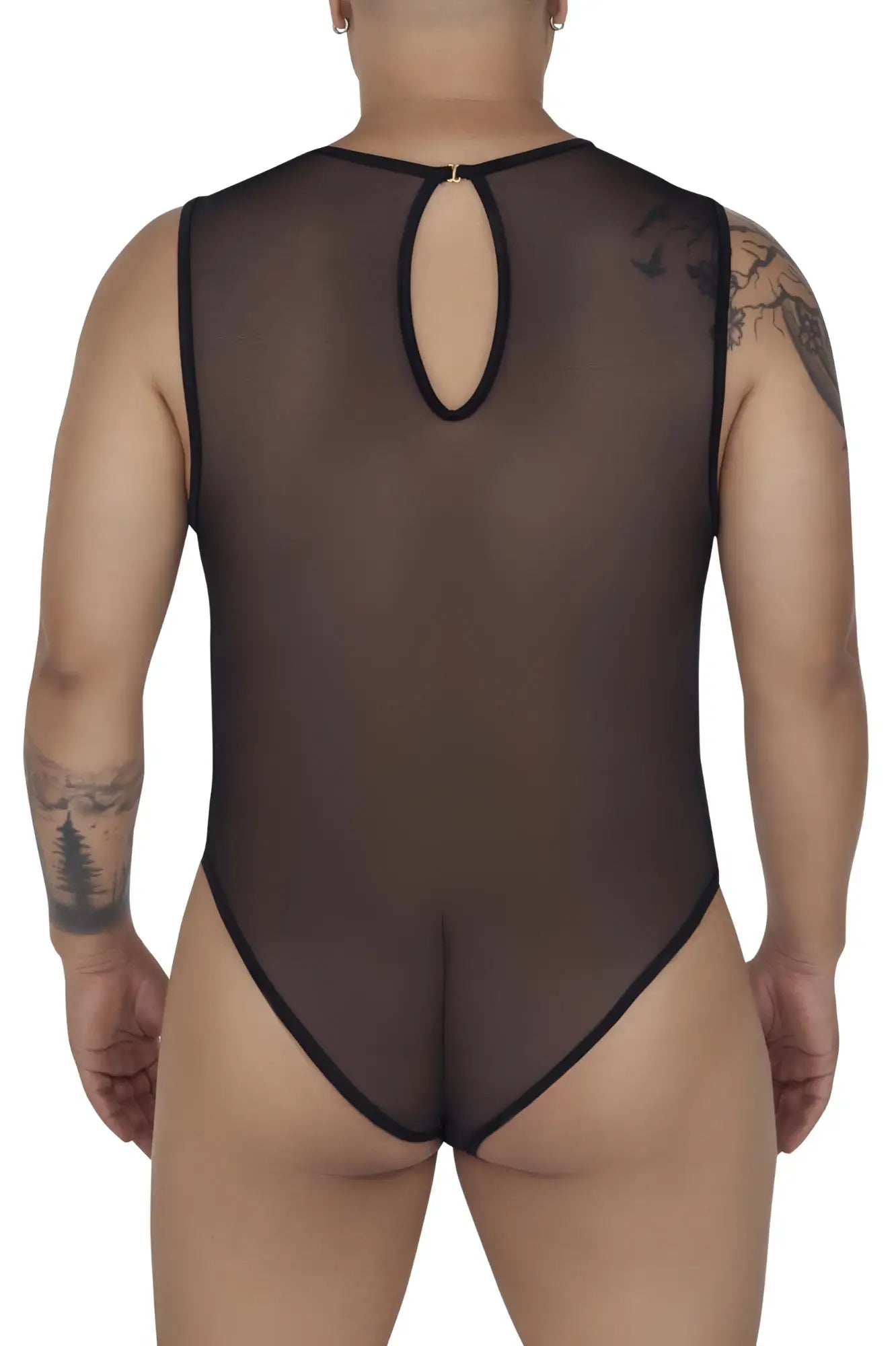 Black sheer mesh one-piece bodysuit with black trim and keyhole back opening shown from the back candyMan 99699X