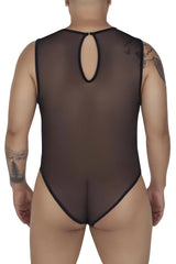 Black sheer mesh one-piece bodysuit with black trim and keyhole back opening shown from the back candyMan 99699X