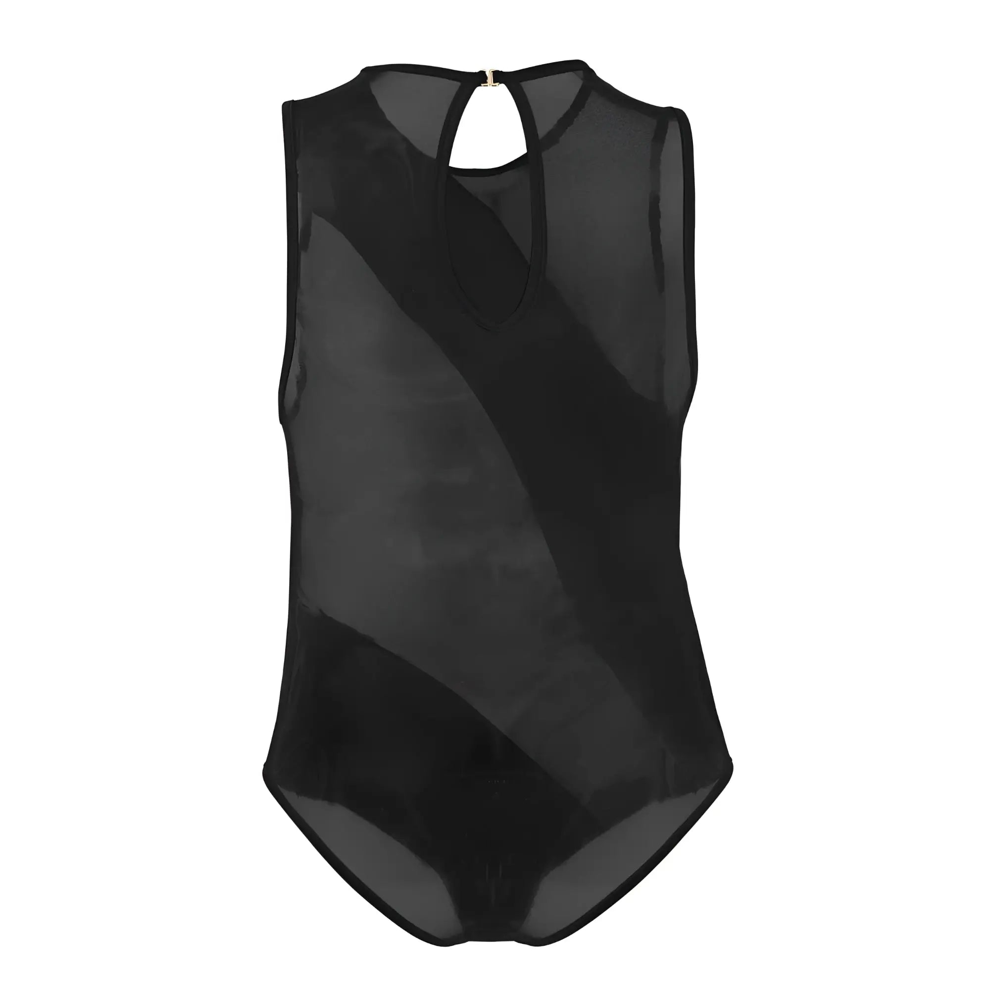 Black sheer mesh one-piece bodysuit candyman 99699x with keyhole neckline and back closure shown from the back side