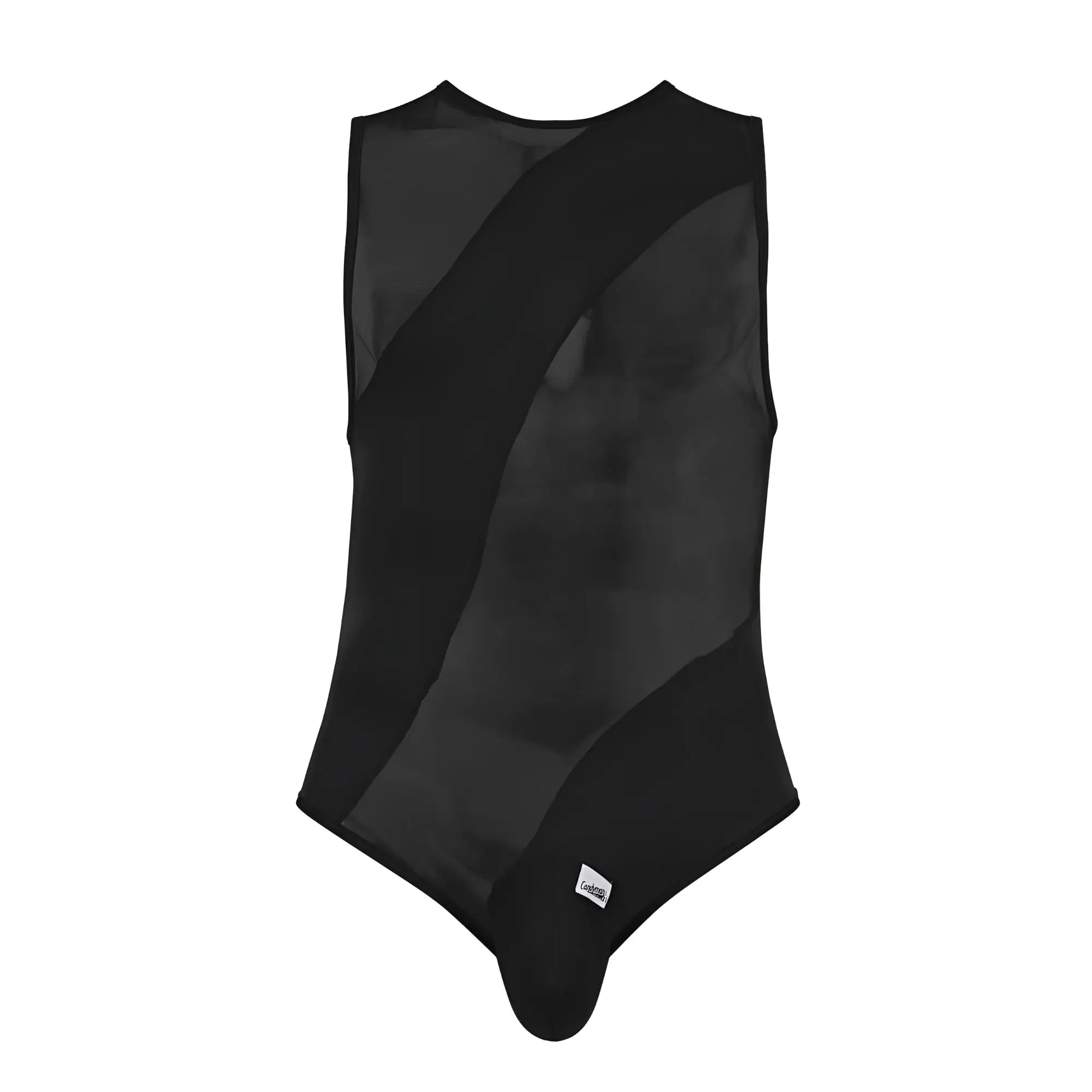 CandyMan 99699X black mesh and solid fabric one-piece bodysuit with diagonal panel design