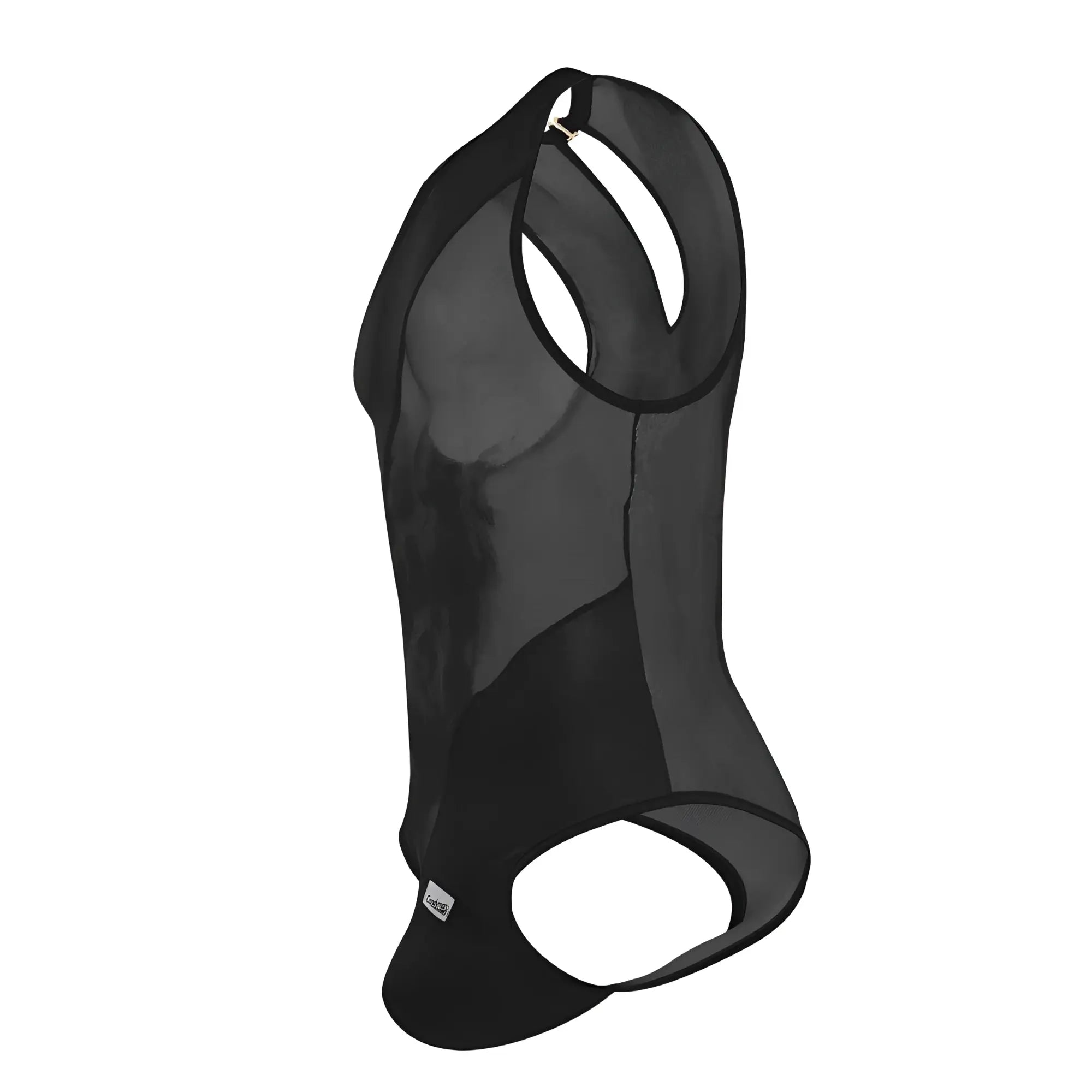 Black mesh CandyMan 99699X bodysuit with racerback design and cutout details showing the back side