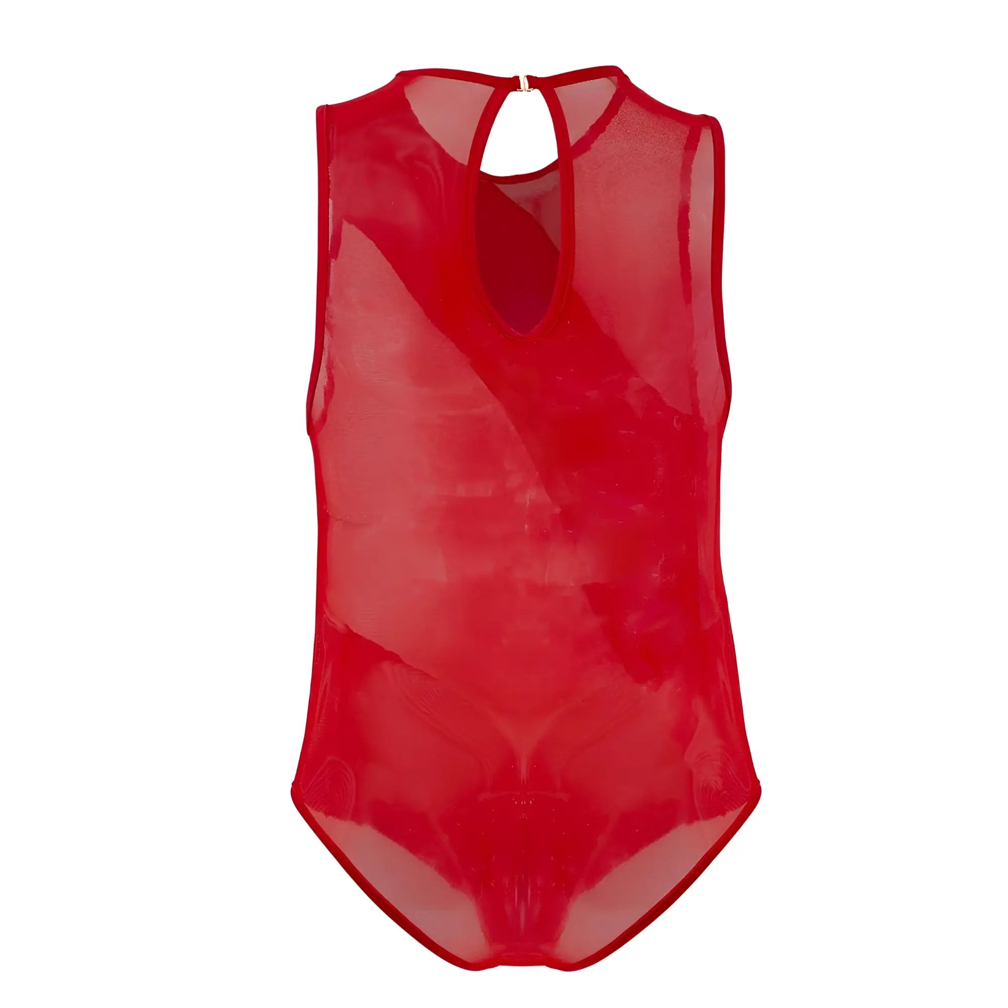 Sheer red mesh one-piece bodysuit candyman 99699x with keyhole neckline and back closure shown from the back side