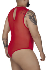 Red sheer mesh CandyMan 99699X sleeveless one-piece bodysuit with back cutout shown from back side