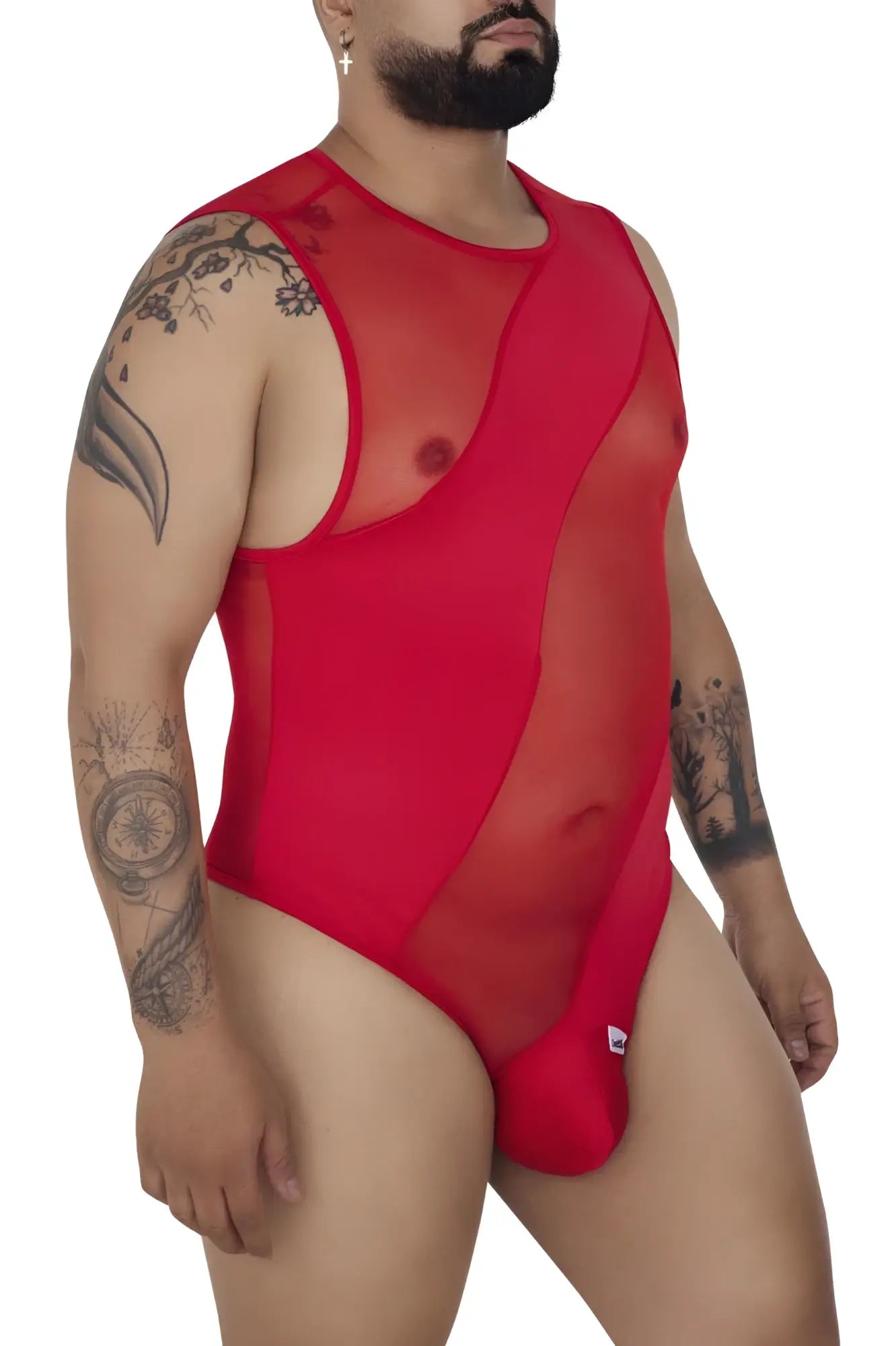 Red sheer mesh candy man 99699x one-piece swimsuit with solid panel and cutout design in red