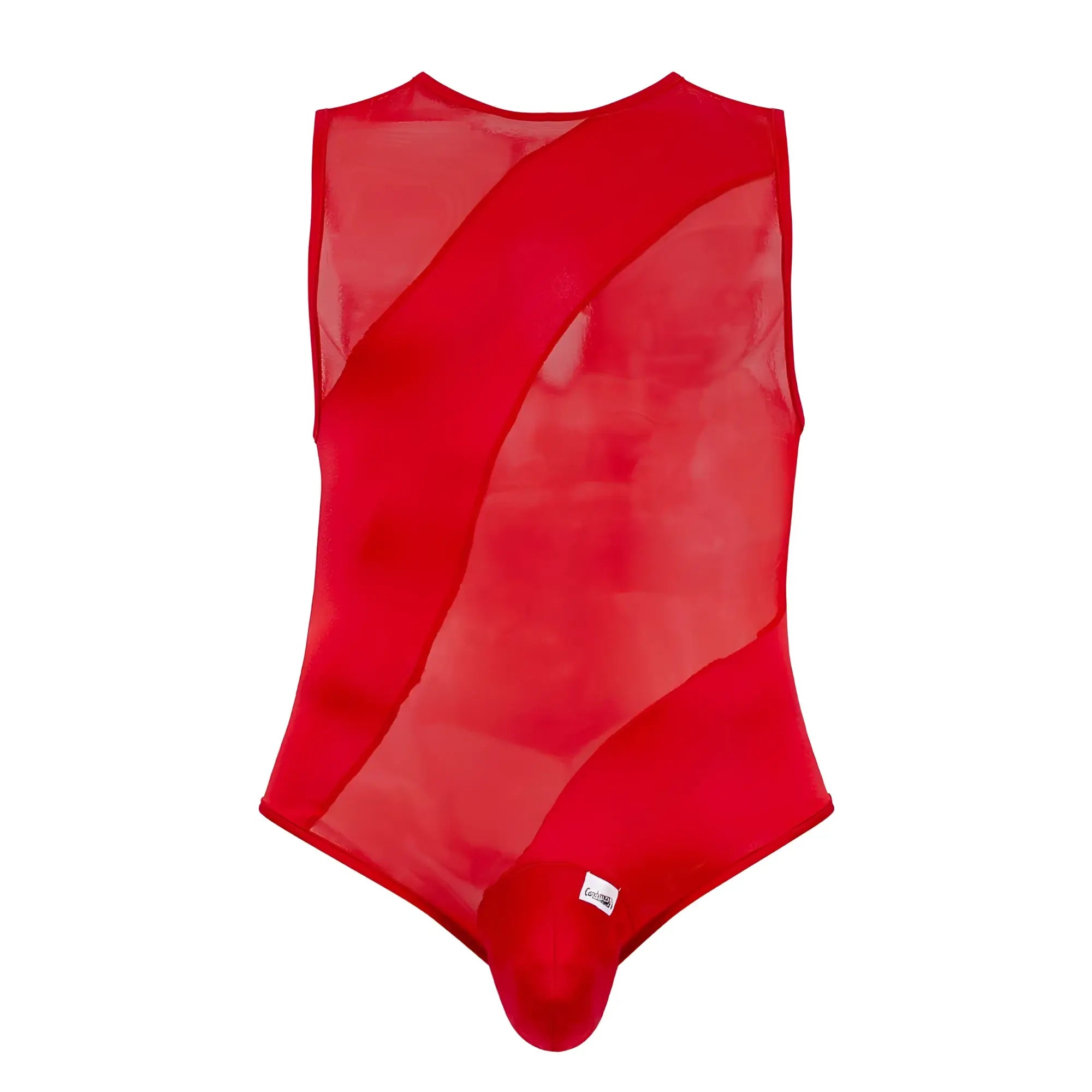 A vibrant red sleeveless candyMan 99699X mesh bodysuit with sheer overlay and bold diagonal panels