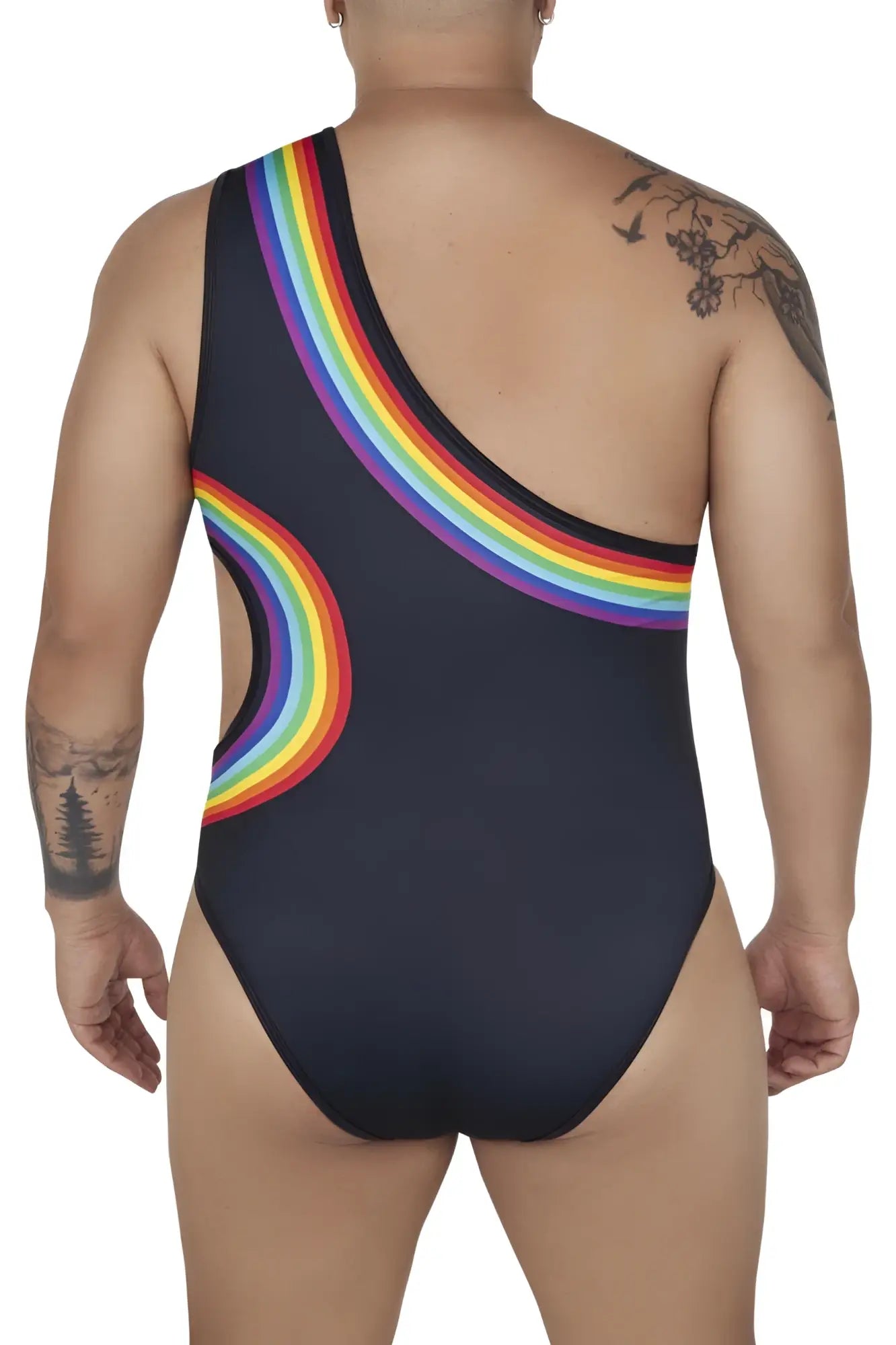 Black CandyMan 99702X one-piece swimsuit with vibrant rainbow arc design on shoulder and side