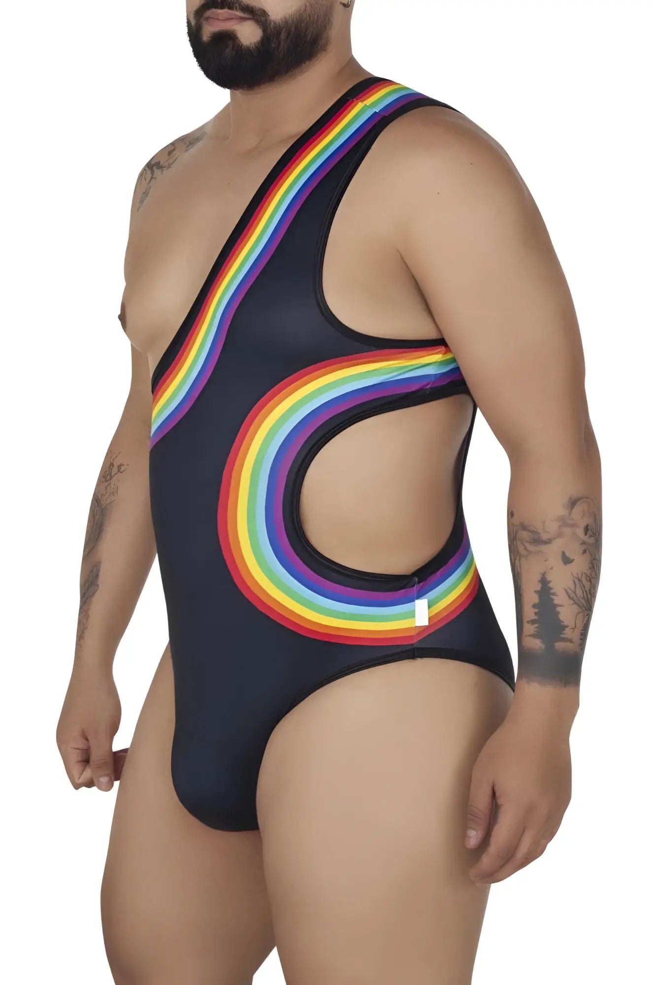 CandyMan 99702X black one-piece swimsuit with vibrant rainbow arc design on torso and hip area