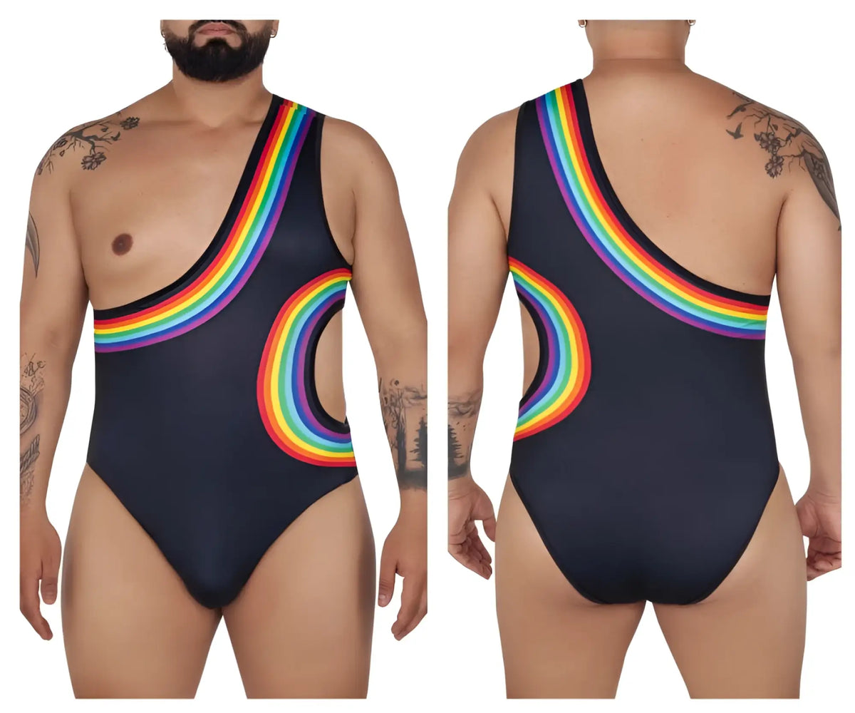Black one-piece swimsuit candyman 99702x with vibrant rainbow arc and cutout details shown from the back side
