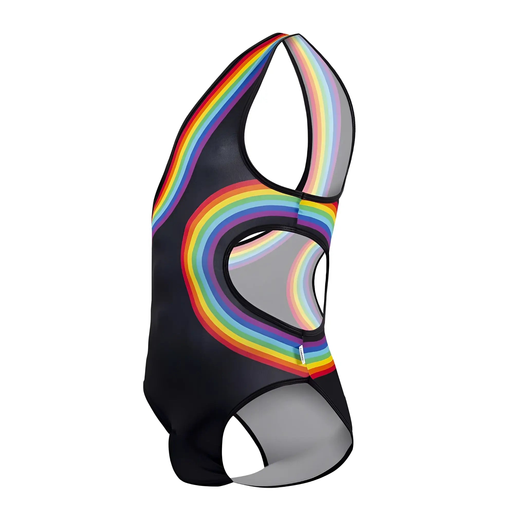 Black CandyMan 99702X one-piece swimsuit with vibrant rainbow arc design and mesh panels on front side