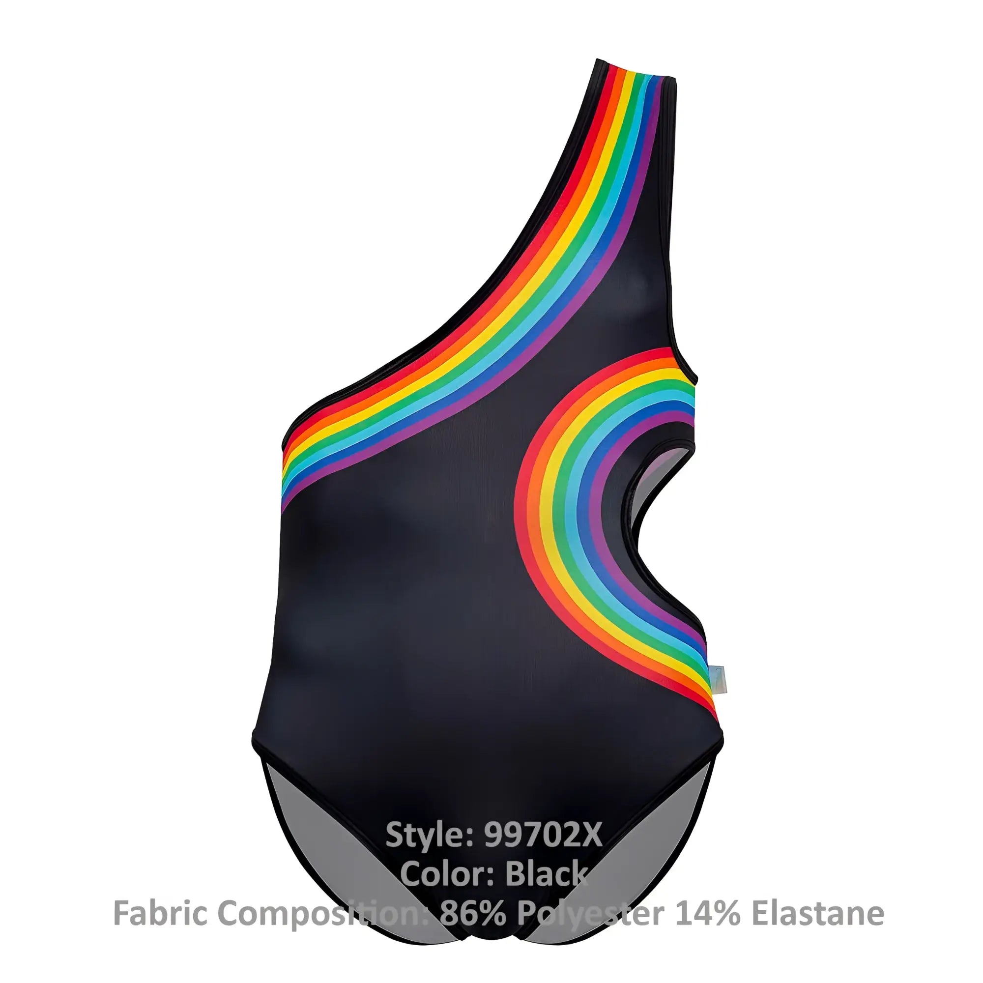 Black on-shoulder swimsuit candyMan 99702X featuring vibrant rainbow arc design along shoulder and side