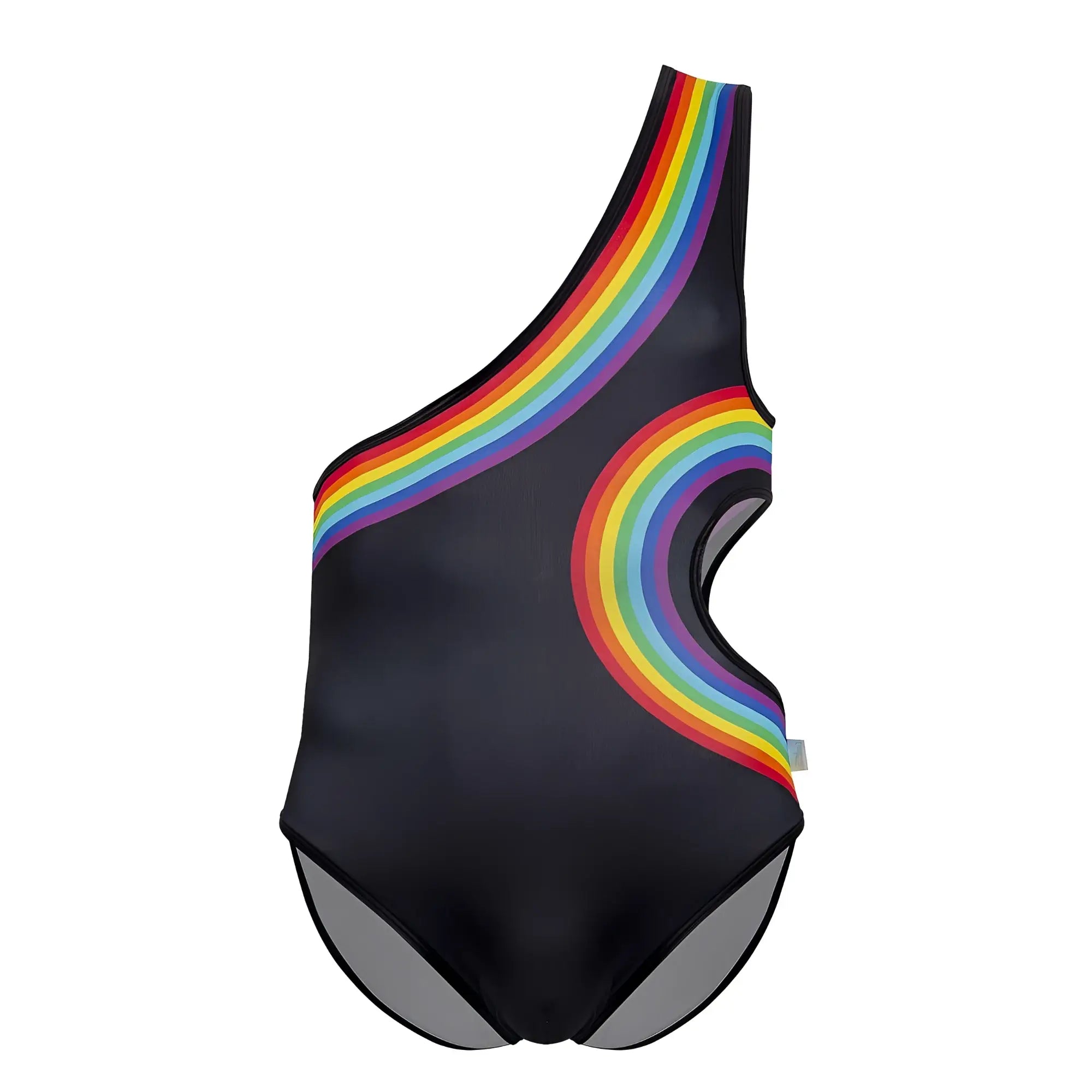 Black on-shoulder swimsuit candyMan 99702X rainbow bodysuit with bold curved rainbow stripes on front