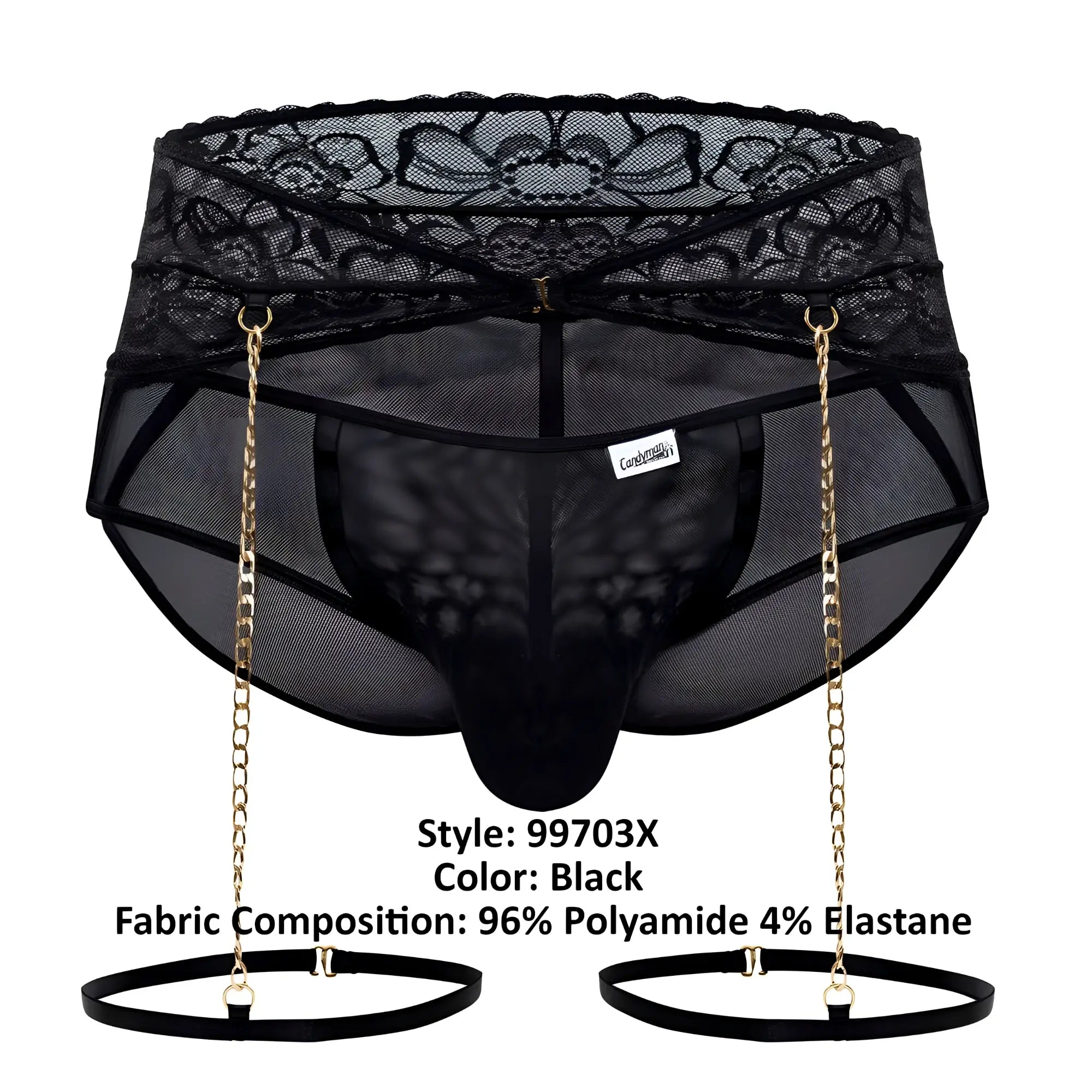 Black lace-trimmed mesh garter briefs with gold chain suspenders and black elastic straps from candyman 99703x set