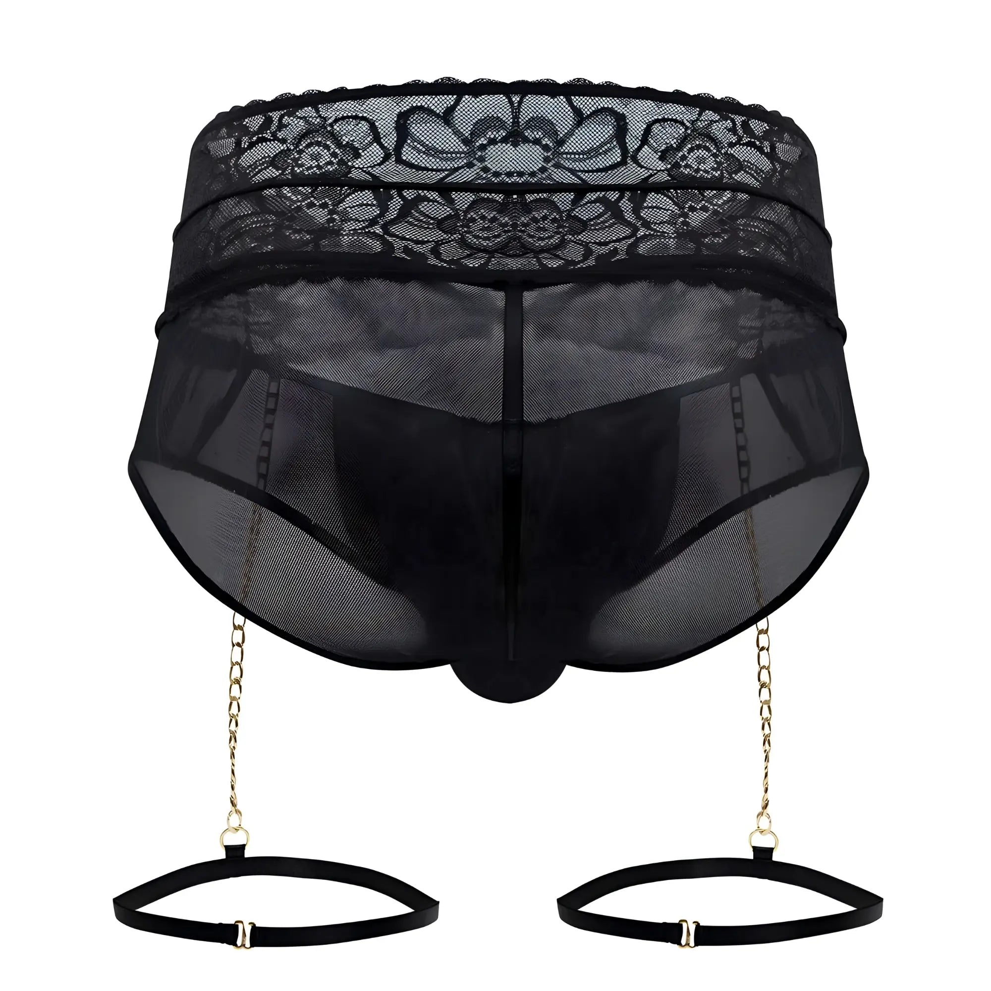 Black lace-trimmed mesh briefs with gold chain suspenders and black adjustable straps from candyman 99703x garter briefs set