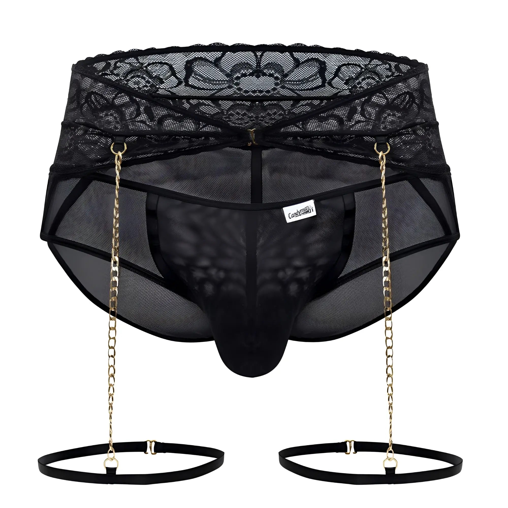 Black lace-trimmed mesh briefs with gold chain suspenders and black elastic straps from CandyMan 99703X garter briefs set