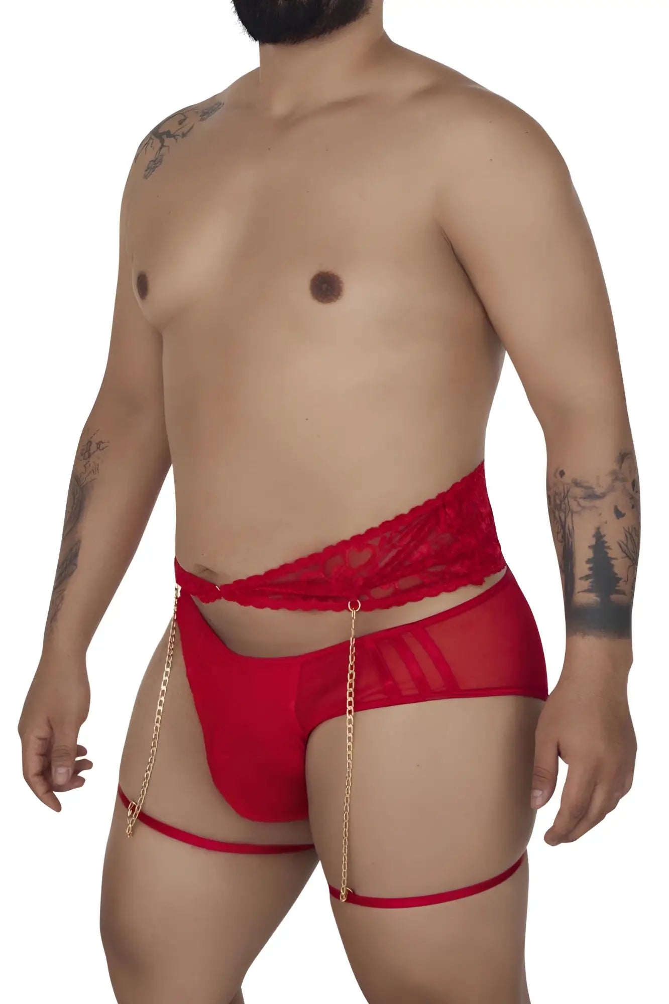 Red lace and mesh men’s garter briefs two piece set with gold chain straps candyMan 99703X color red