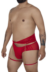 Red lace and mesh men’s garter briefs two piece set with gold chain straps candyMan 99703X color red