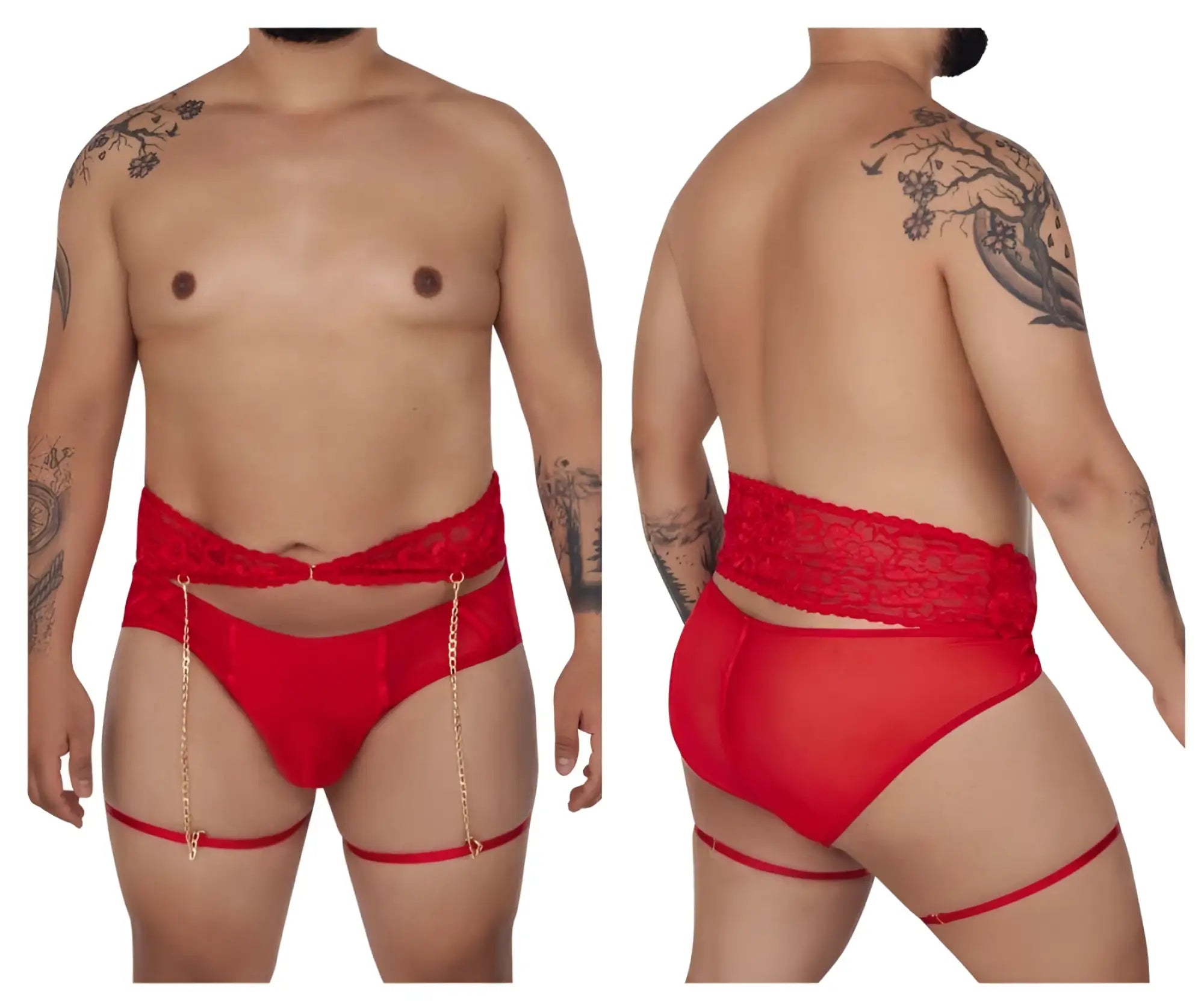 Red lace-trimmed candyMan 99703X garter briefs two piece set with gold chain straps in red