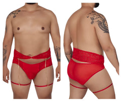 Red lace-trimmed candyMan 99703X garter briefs two piece set with gold chain straps in red