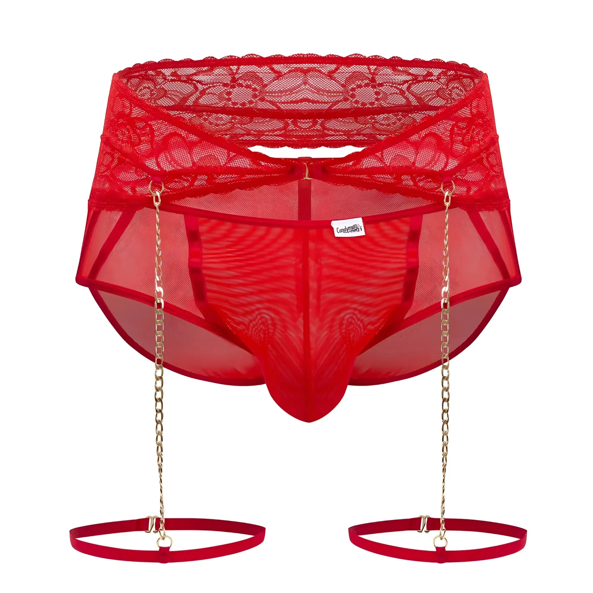 Red red candy man 99703x garter briefs two piece set featuring lace trimmed mesh briefs with gold chain suspenders and garters