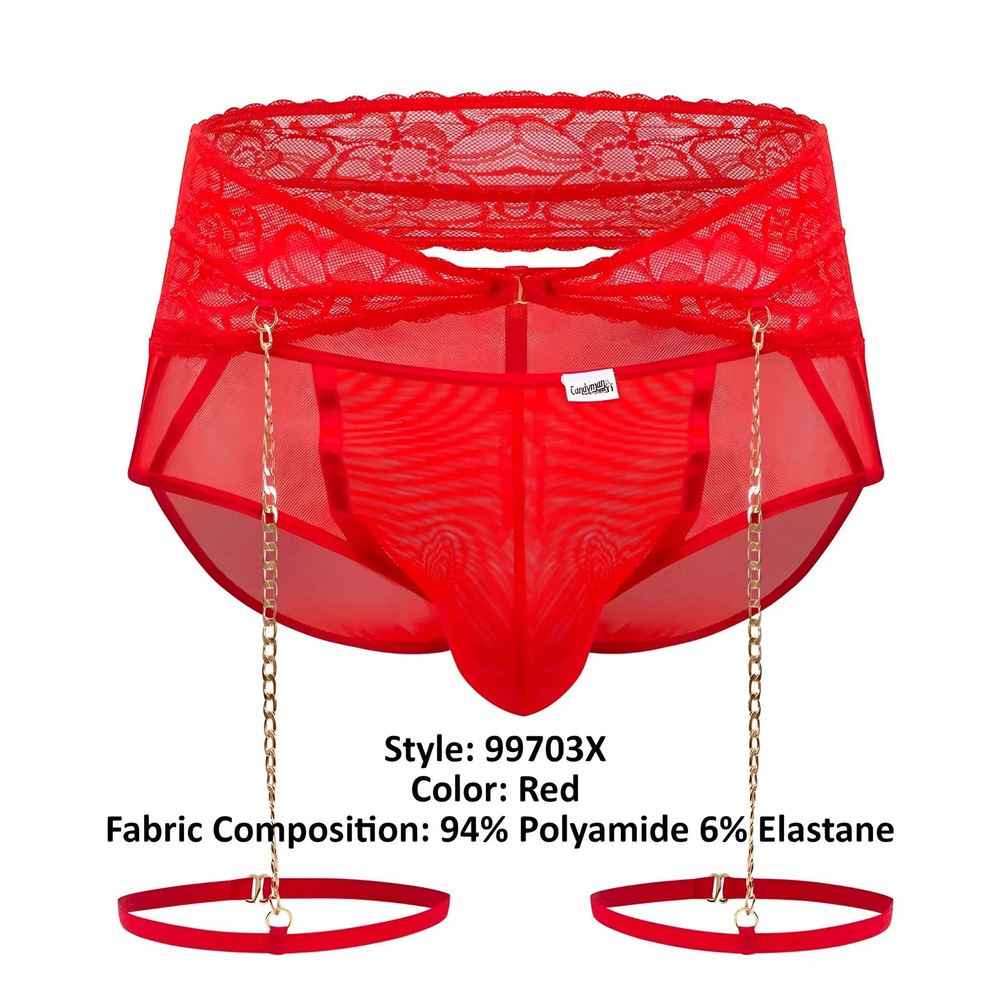 Red candyMan 99703X garter briefs two piece set featuring lace-trimmed mesh and gold chain suspenders