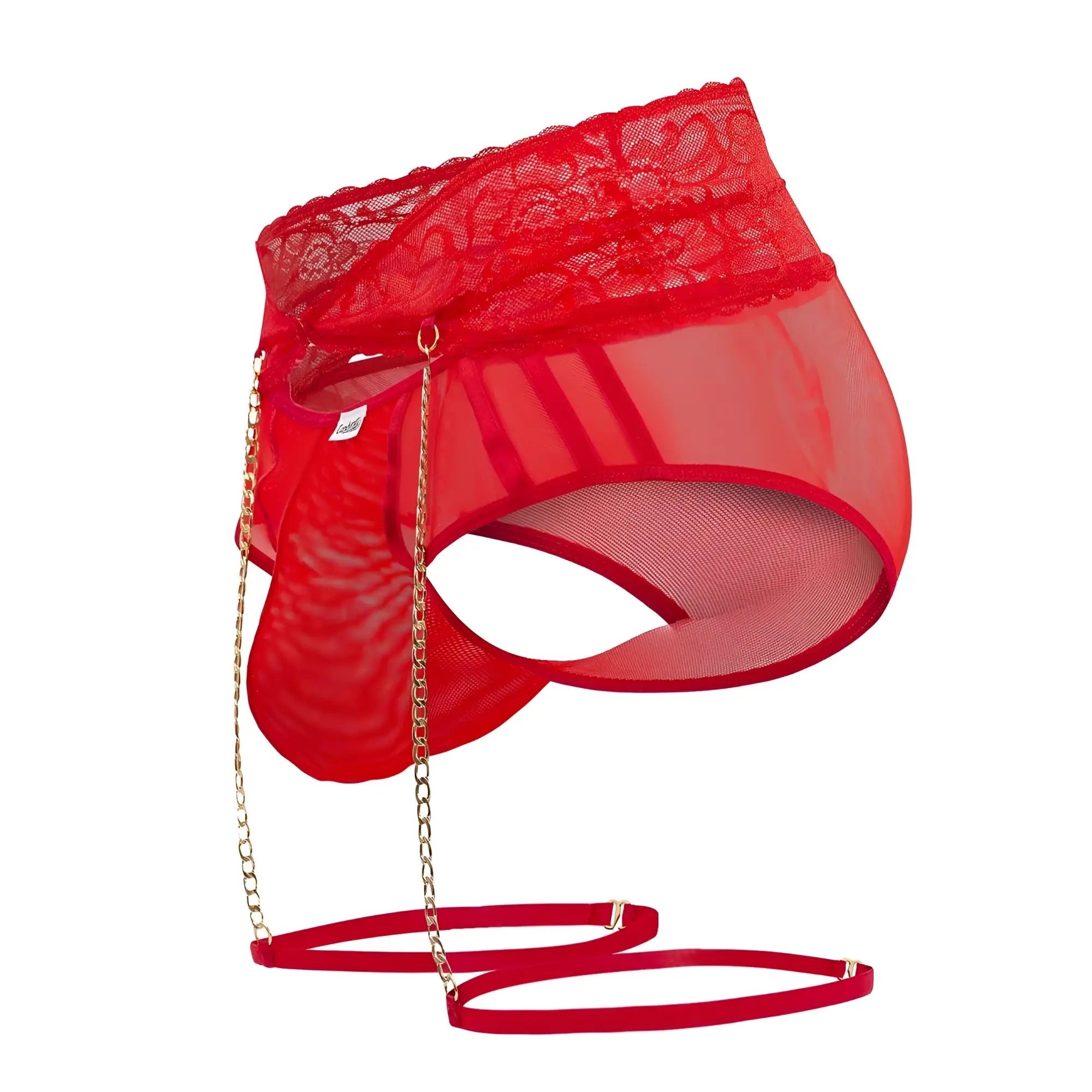 CandyMan 99703X garter briefs two piece set in red featuring lace trimmed mesh briefs with gold chain and strap accessory