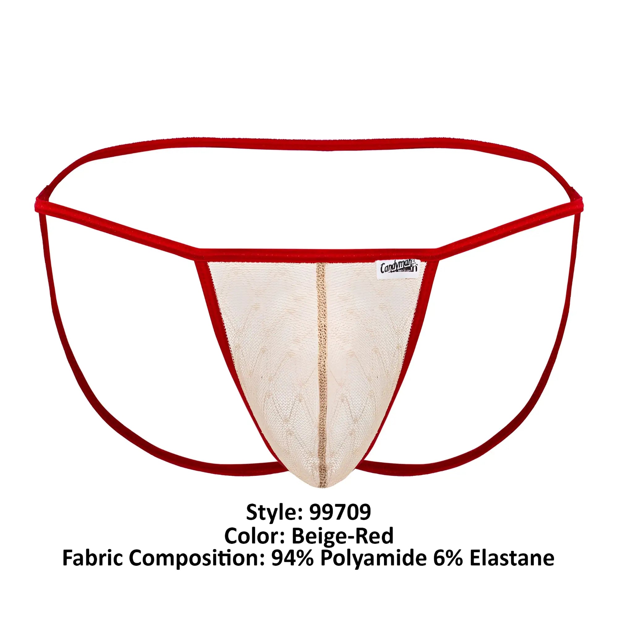 Beig and red mesh thong candyMan 99709 micro lace jockstrap with central gold-colored seam detail