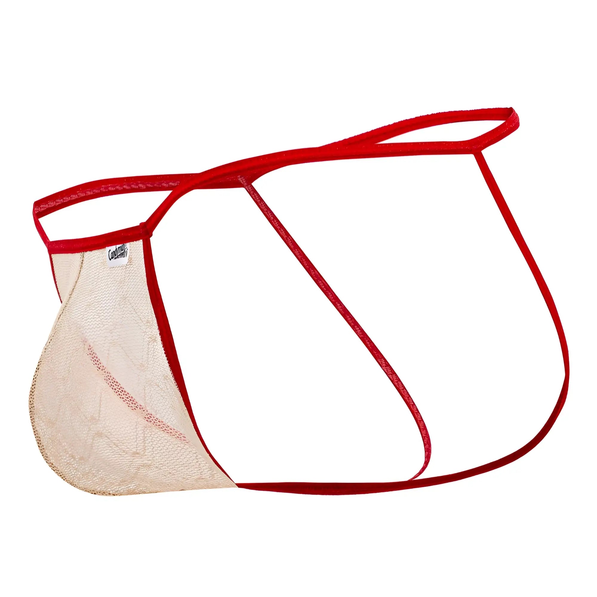 Red and beige mesh thong with red elastic waistband in CandyMan 99709 micro lace jockstrap style