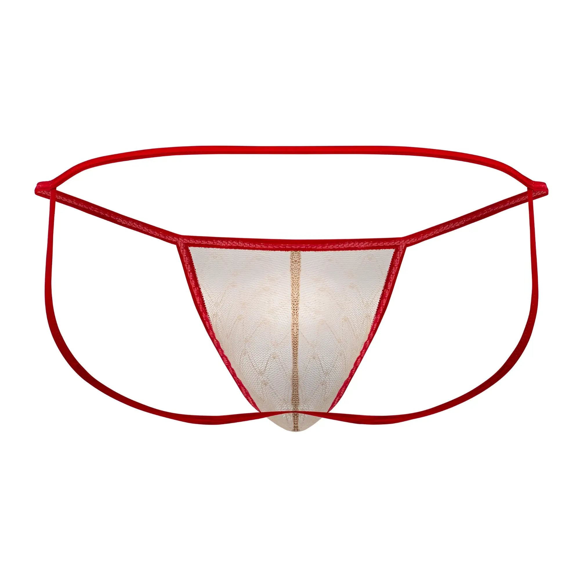 CandyMan 99709 micro lace jockstrap in beige-red with red lace thong sheer patterned center and thin elastic waistband