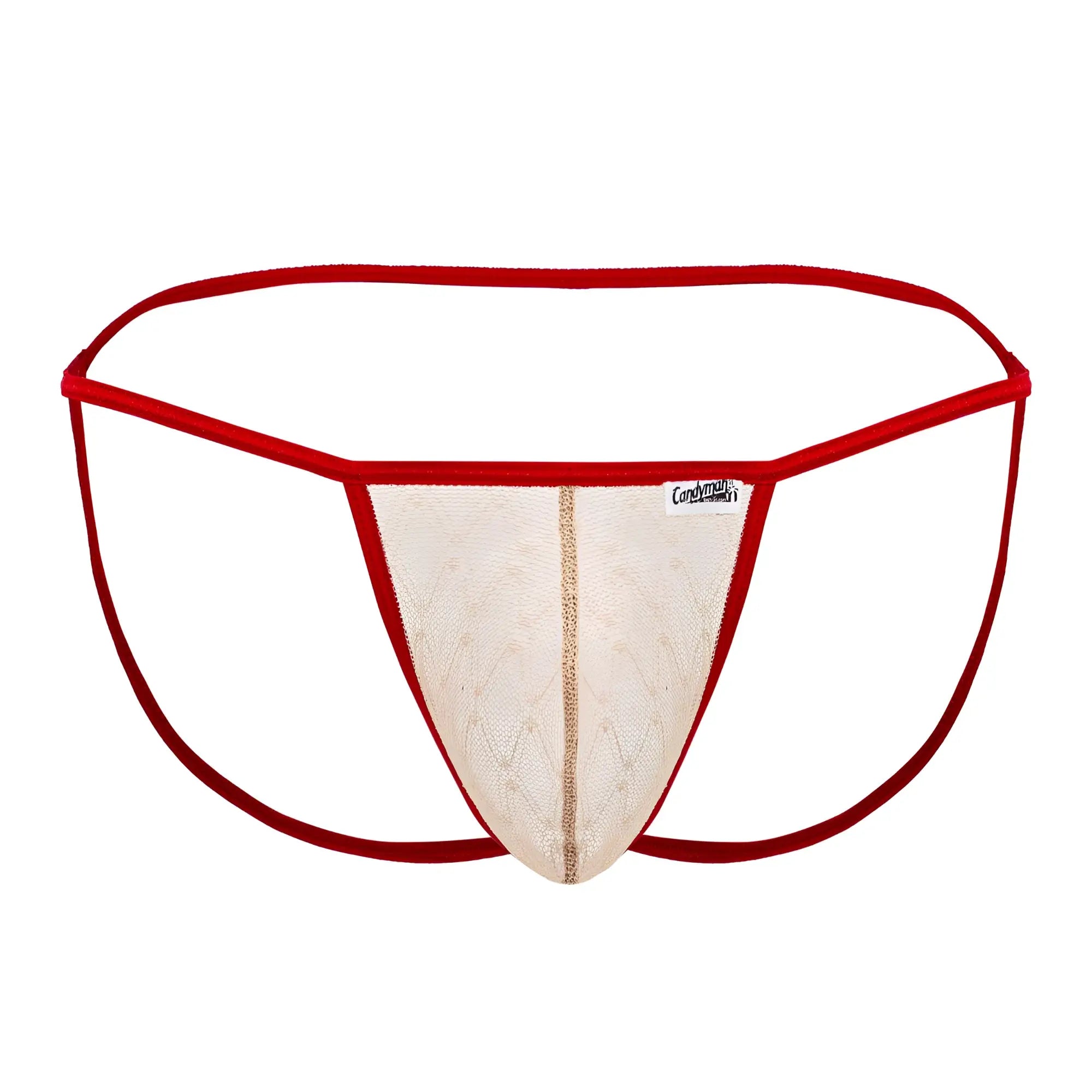 CandyMan 99709 micro lace jockstrap in beige red with red trim mesh thong and gold toned vertical stripe detailing