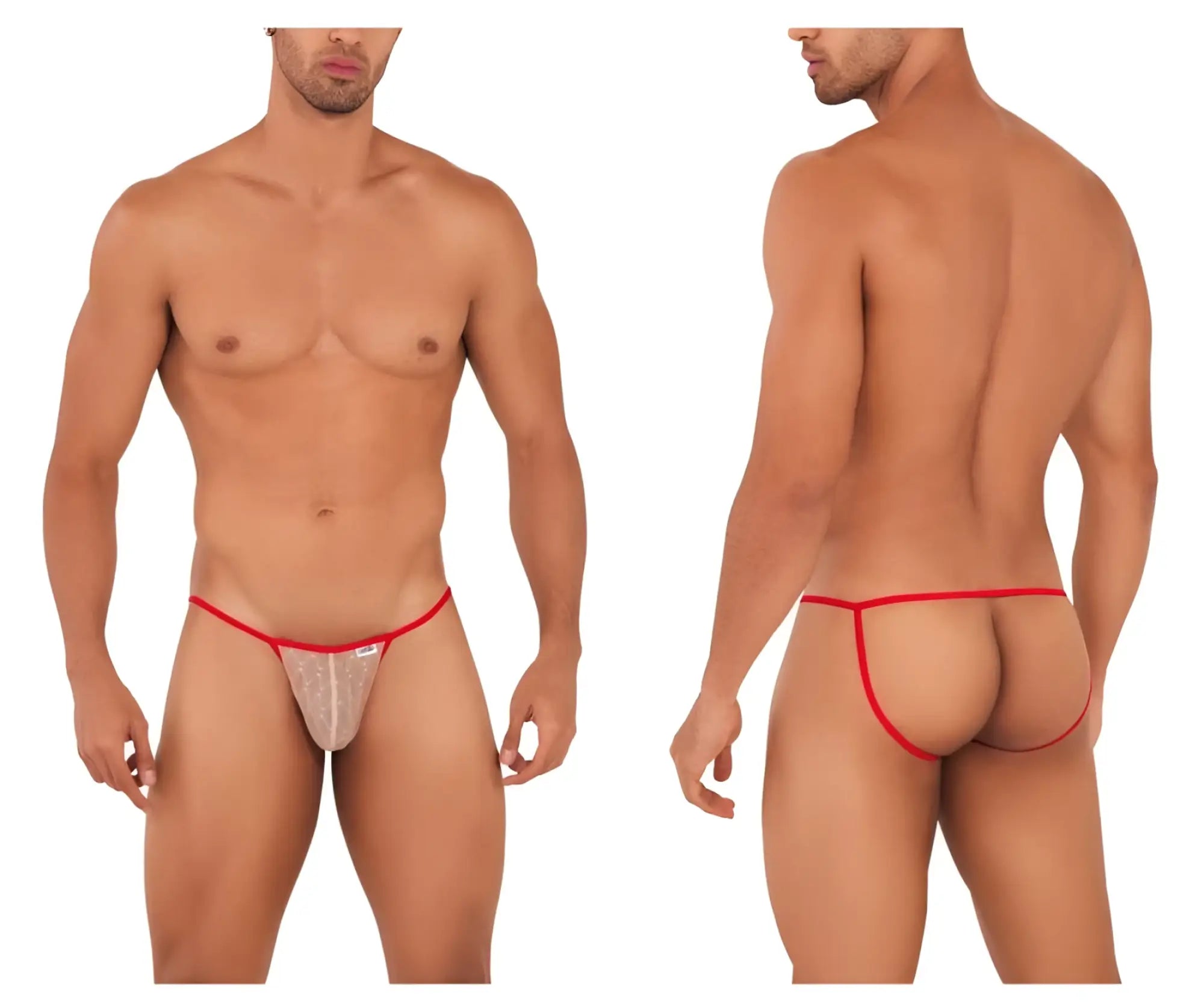CandyMan 99709 micro lace thong in beige and red featuring sheer fabric with subtle pattern and a small brand tag