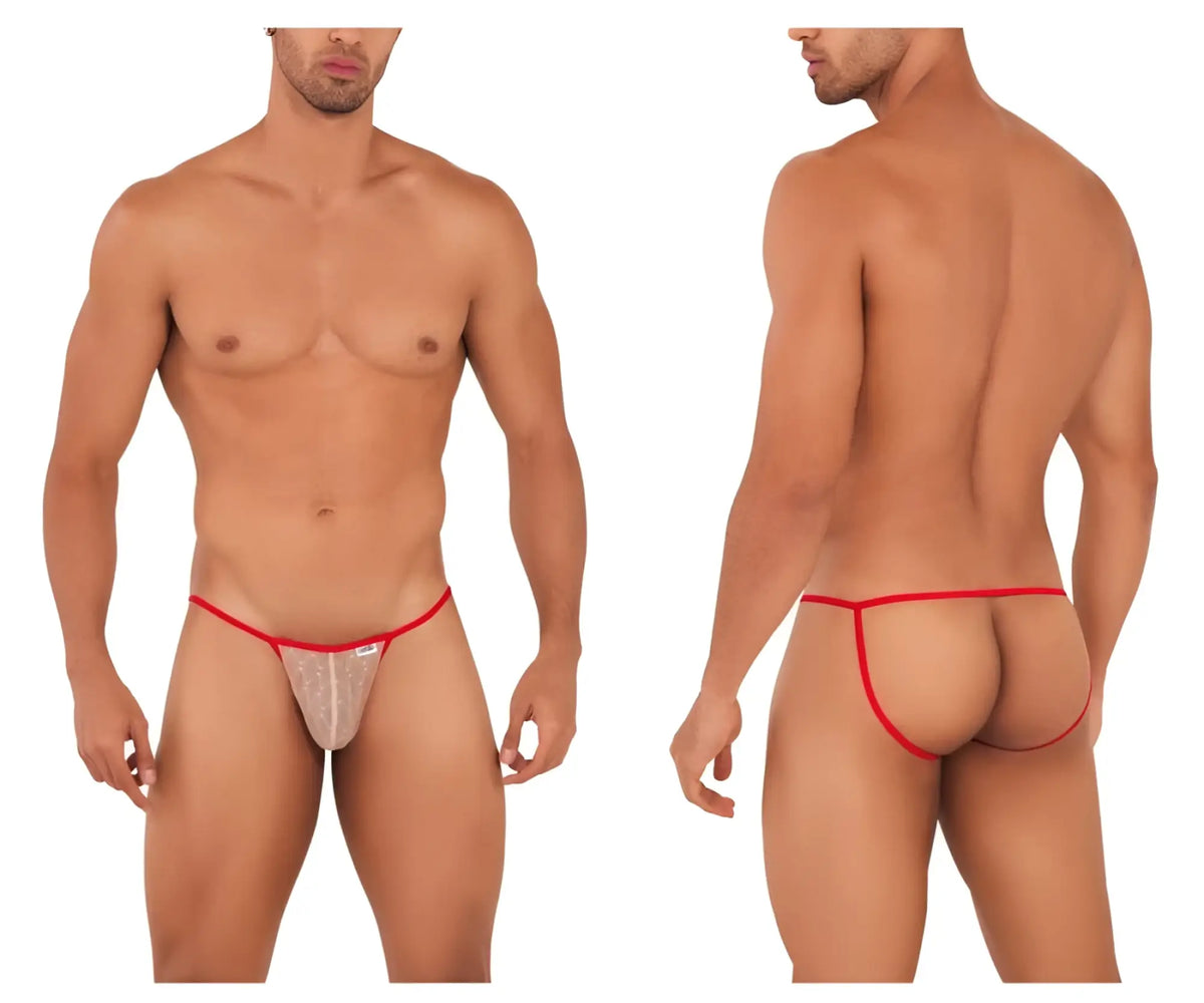 CandyMan 99709 micro lace thong in beige and red featuring sheer fabric with subtle pattern and a small brand tag
