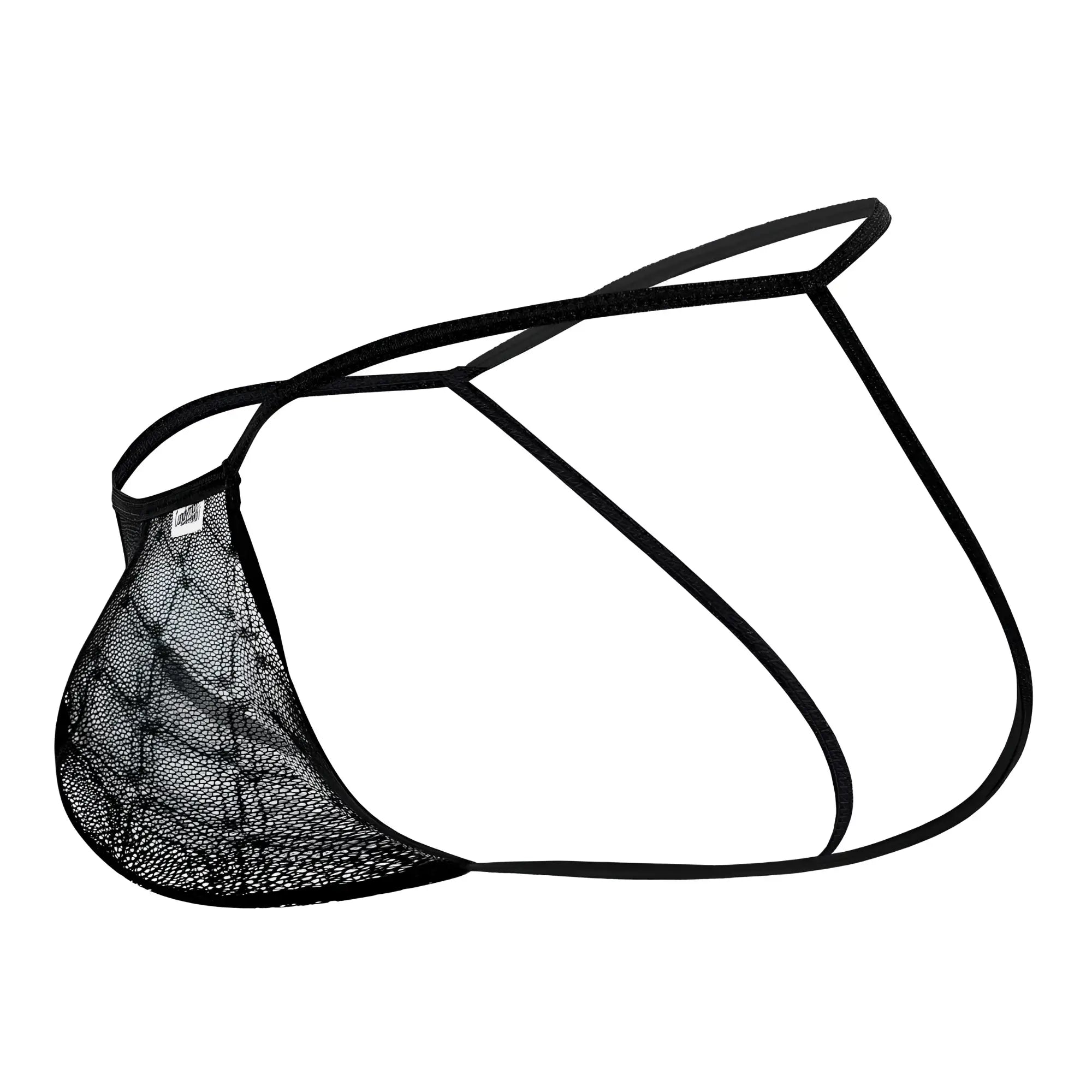 Black mesh men’s thong with thin elastic straps candyMan 99709 micro lace jockstrap in black shown from the back