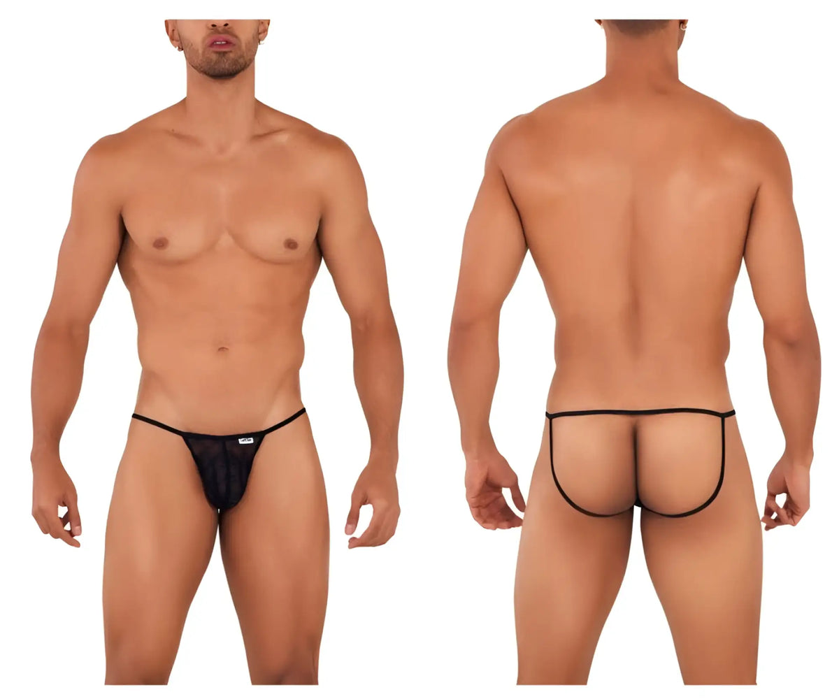 Black mesh thong candyMan 99709 micro lace jockstrap with thin elastic waistband and leg straps shown from the back