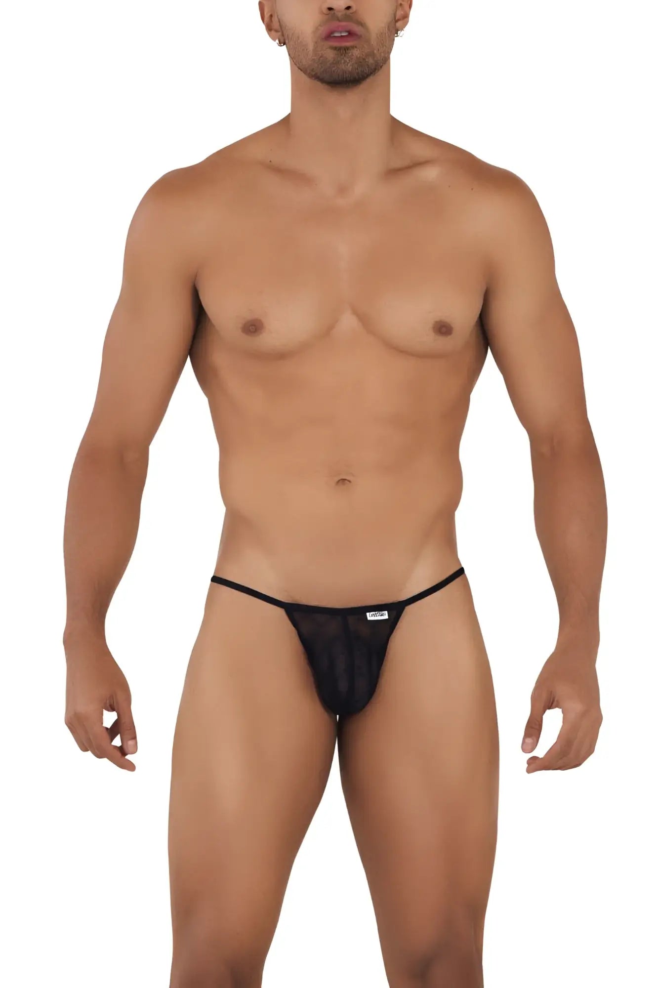 Black CandyMan 99709 micro lace jockstrap thong with mesh fabric and a small white logo on the front