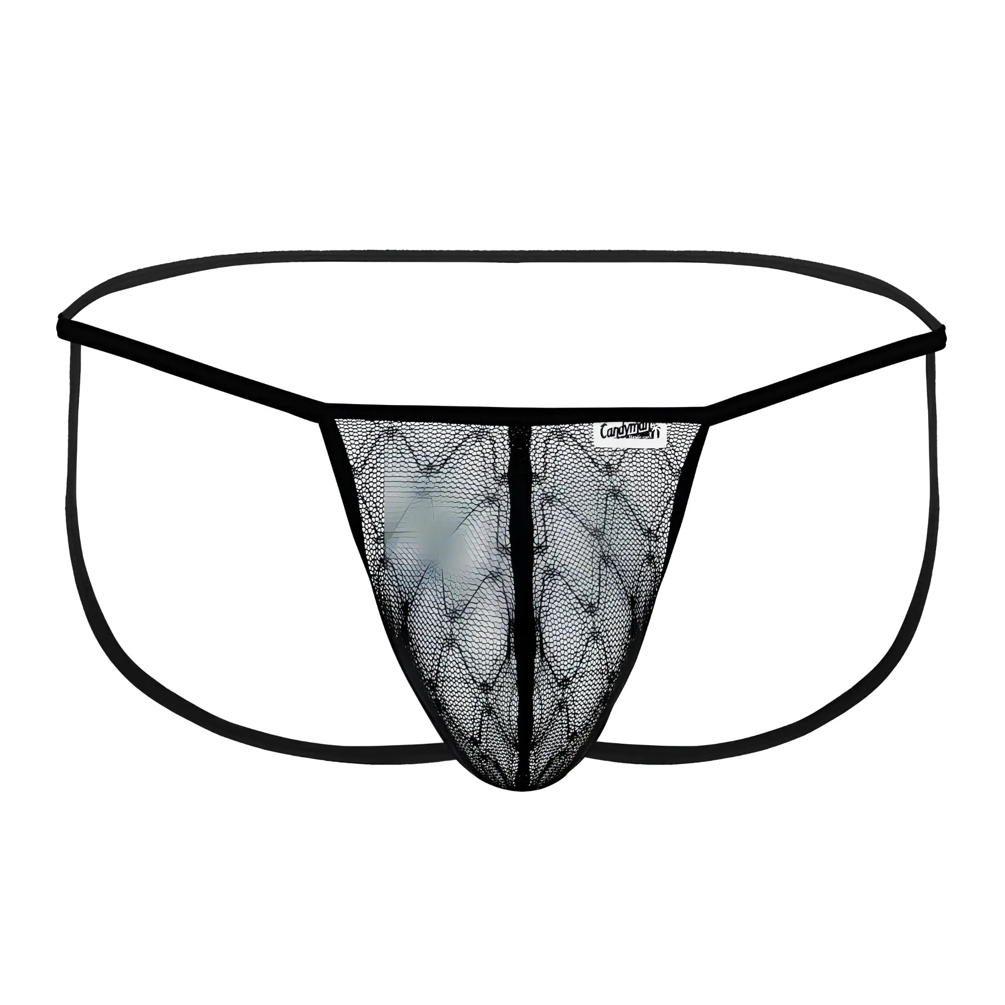 Black lace thong CandyMan 99709 with diamond-patterned mesh front and solid black elastic waistband