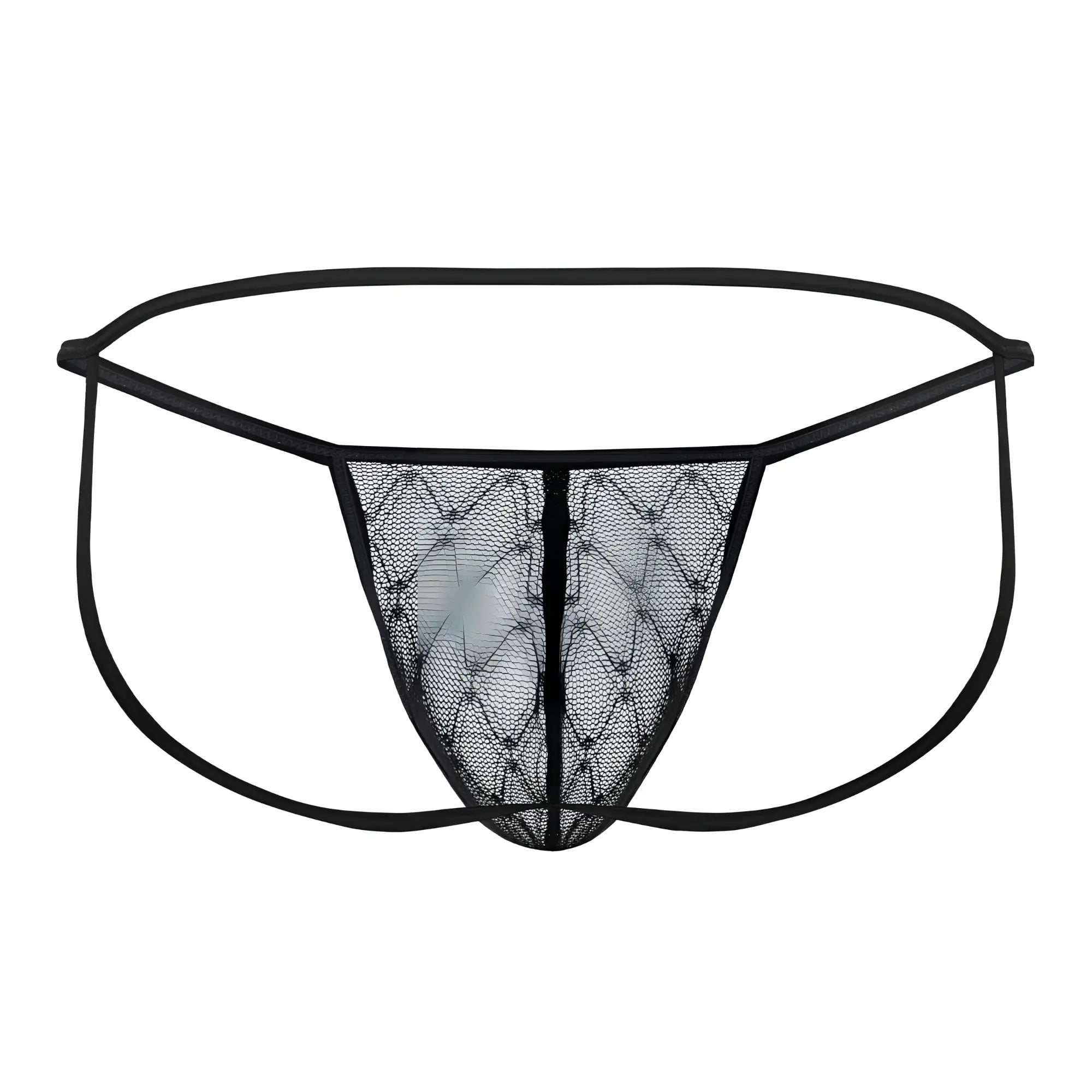 Black lace thong candyMan 99709 with diamond patterned mesh and thin elastic waistband in black shown from the back